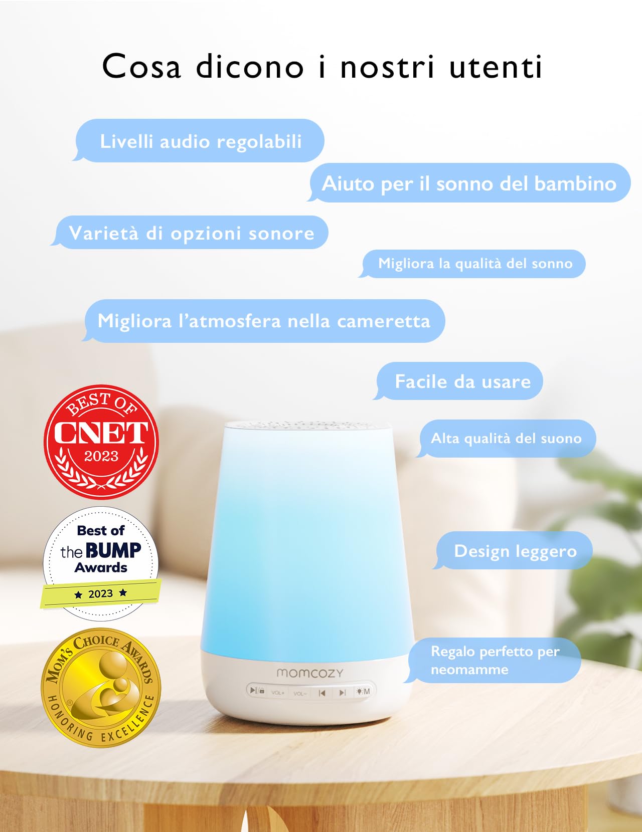 Momcozy Macchina del Rumore Bianco,Macchina del Suono per Bambino Adulto,34 Suoni Lenitivi,White Noise Machine Luce a 7 Colori,Macchina Rumore Bianco Telecomando APP, Funzione di Temporizzazione