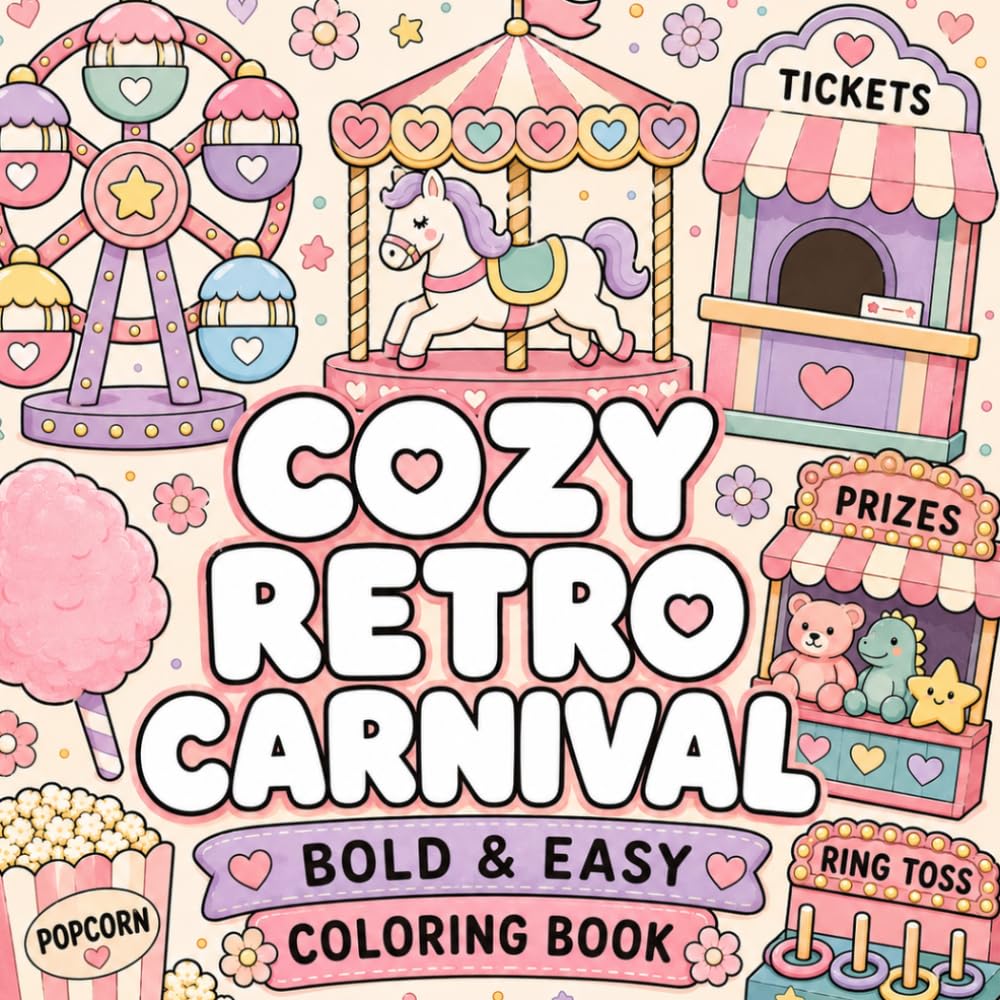 Cozy Retro Carnival: Bold and Easy Coloring Book for Adults and Teens | Cute Pastel Fairground Fun, Carnival Rides, Cotton Candy, Ferris Wheels & Cozy Vintage Vibes
