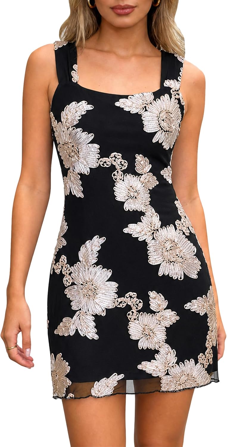 Women's Embroidered Floral Mini Dress Summer 2026 Sleeveless Square Neck Mesh Short Dresses Cocktail Party Going Out