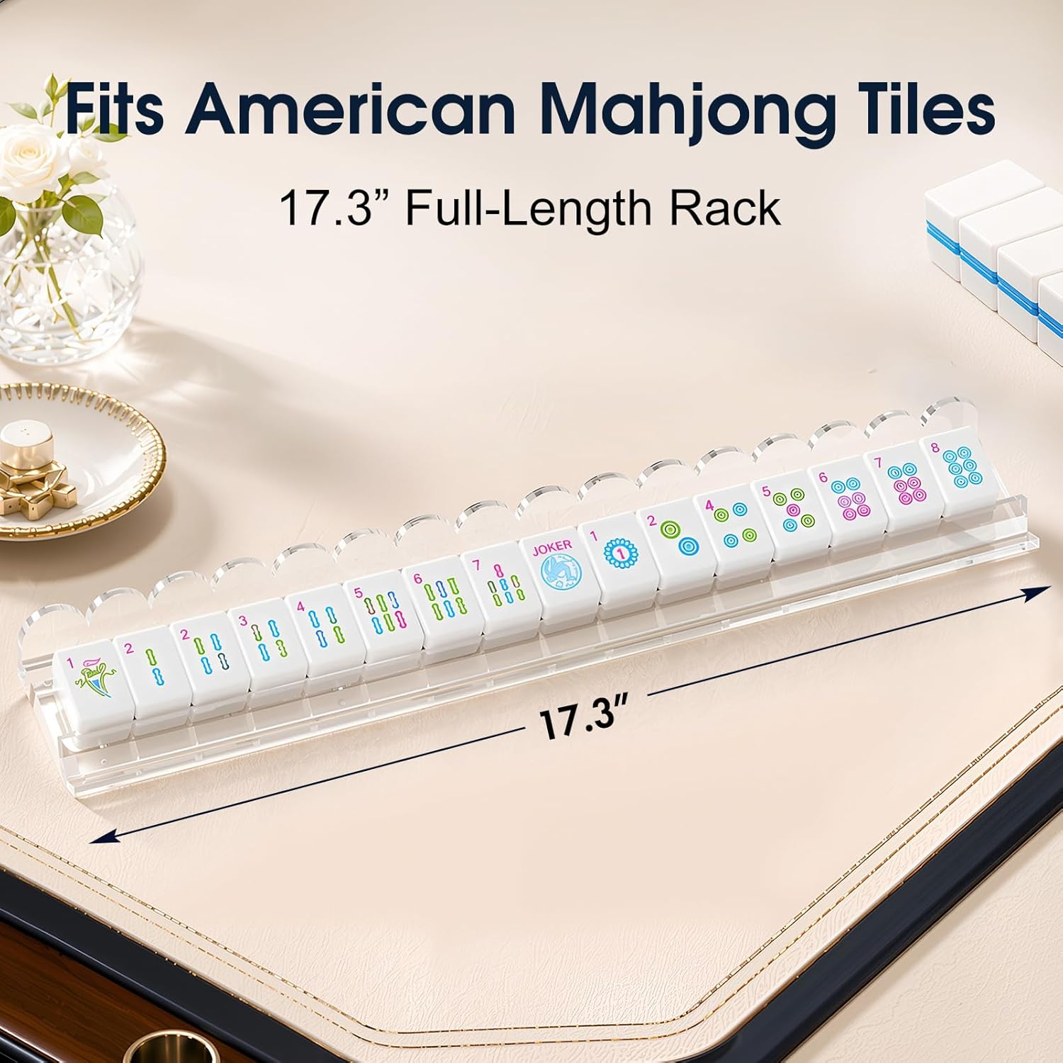 American Mahjong Racks with Pushers, Clear Acrylic Holders, 4-Pack | 17.3" thick clear acrylic racks with smooth slide pushers and non-slip bases, designed for American Mahjong games