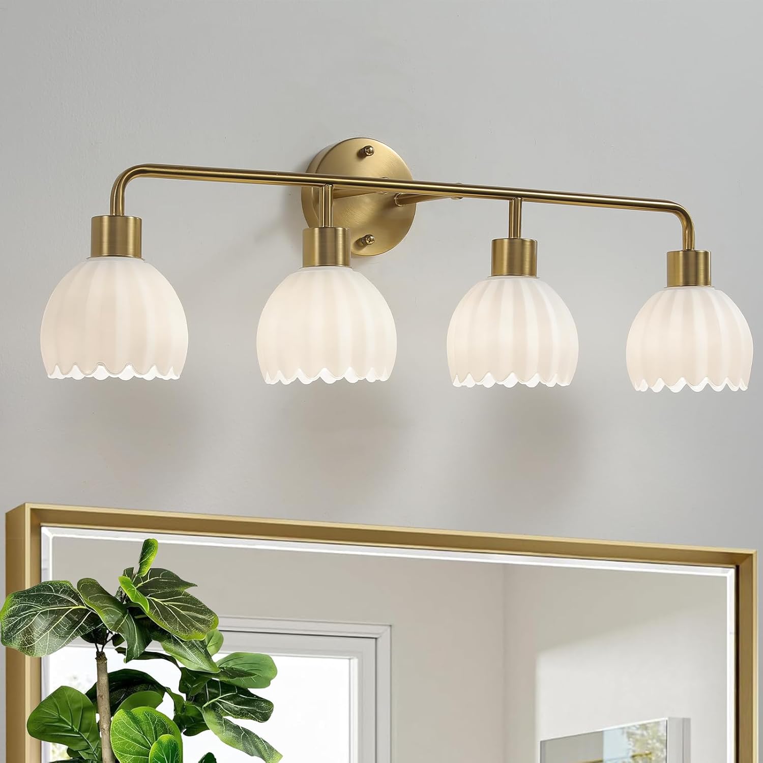 Brushed Gold 4-Light Vanlity Light Over Mirror,Wall Sconces,Gold Brass Bathroom Light Fixture with Milk White Glass Flower Shade,E26(Bulbs Not Included) Gold-4 Light