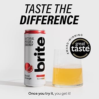 Brite Natural Focus. Energy Drink & Coffee Alternative for Productivity. Plant Based, Backed by Neuroscience. Low Calorie, Vegan, Gluten Free. Blood Orange 12 x 330 ml.