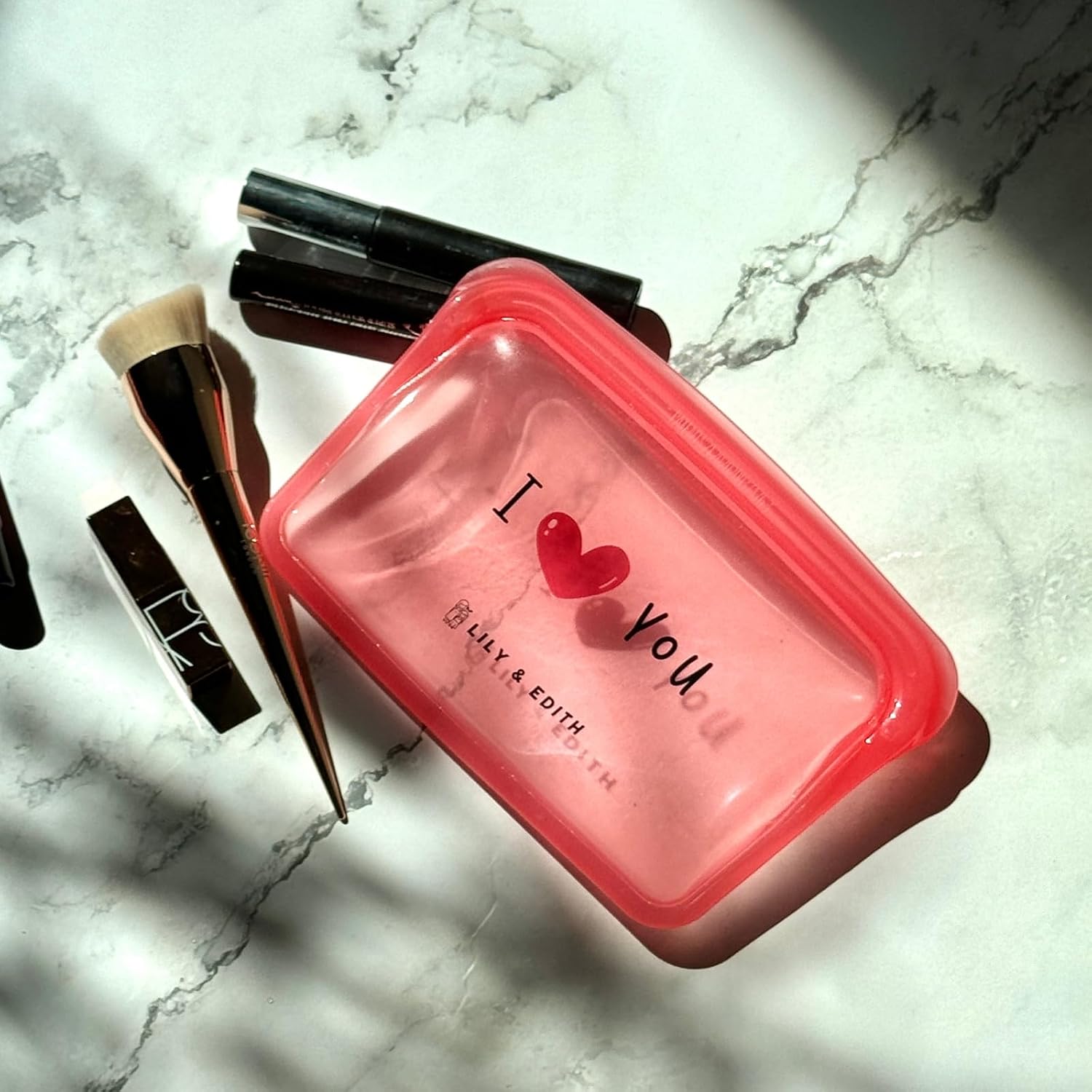 LILY & EDITH Clear Makeup,Toiletry,Cosmetic, Reusable Silicone Bag, Clear Travel Pouch, Food-Safe Storage, Leakproof, Airtight, Dishwasher & Microwave & Freezer Safe(Red Heart, 5Pk)