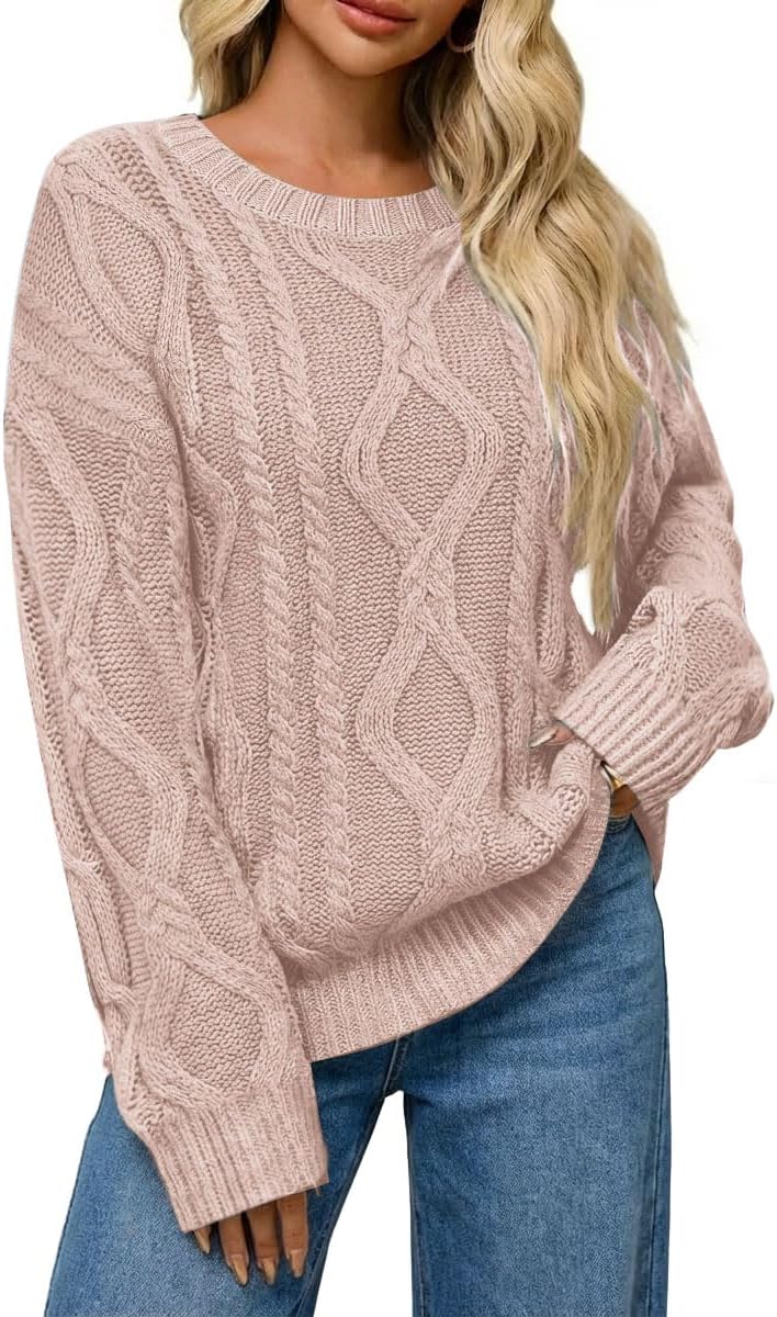 LaGracia Women’s Oversized Cable Knit Sweaters Long Sleeve Pullover Crew Neck Fall Winter Sweater Tops Light Pink M