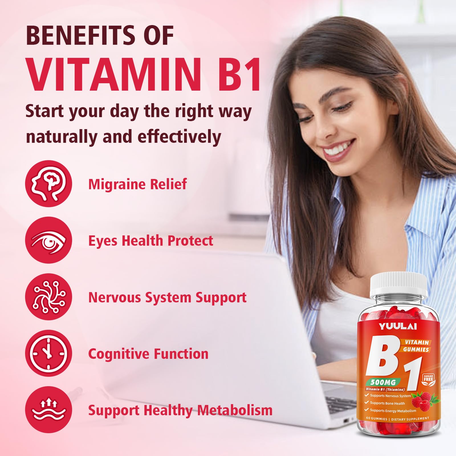 Pack of 2 Vitamin B1 Gummies 500mg for Adults & Kids, Thiamine B1 Supplement with Magnesium, Vitamin B1 Supplement for Nervous System Supports & Boost Energy, Raspberry Flavor, 120 Count — Amazon image 3