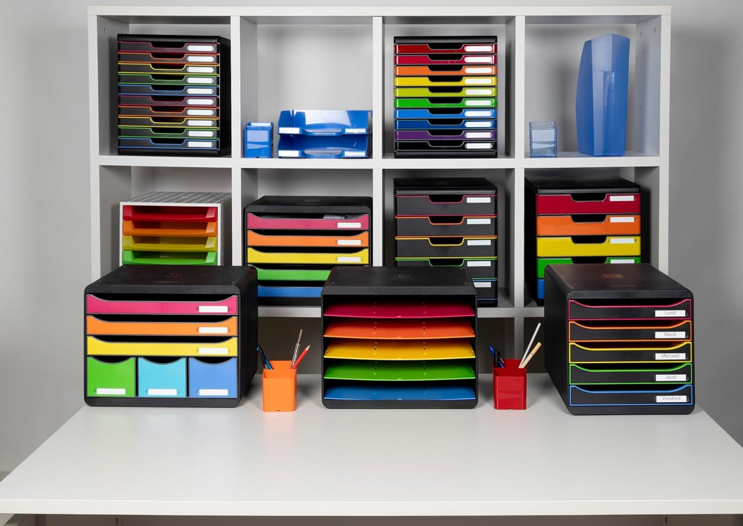 Exacompta Big Box - 5 Drawer Desktop Organizer - 100% Recycled Materials - Fits Letter and A4+ Size Paper - Black w/Multicolored Accents - Dimensions 13 5/8 x 11 x 10 5/8 - Made in Europe