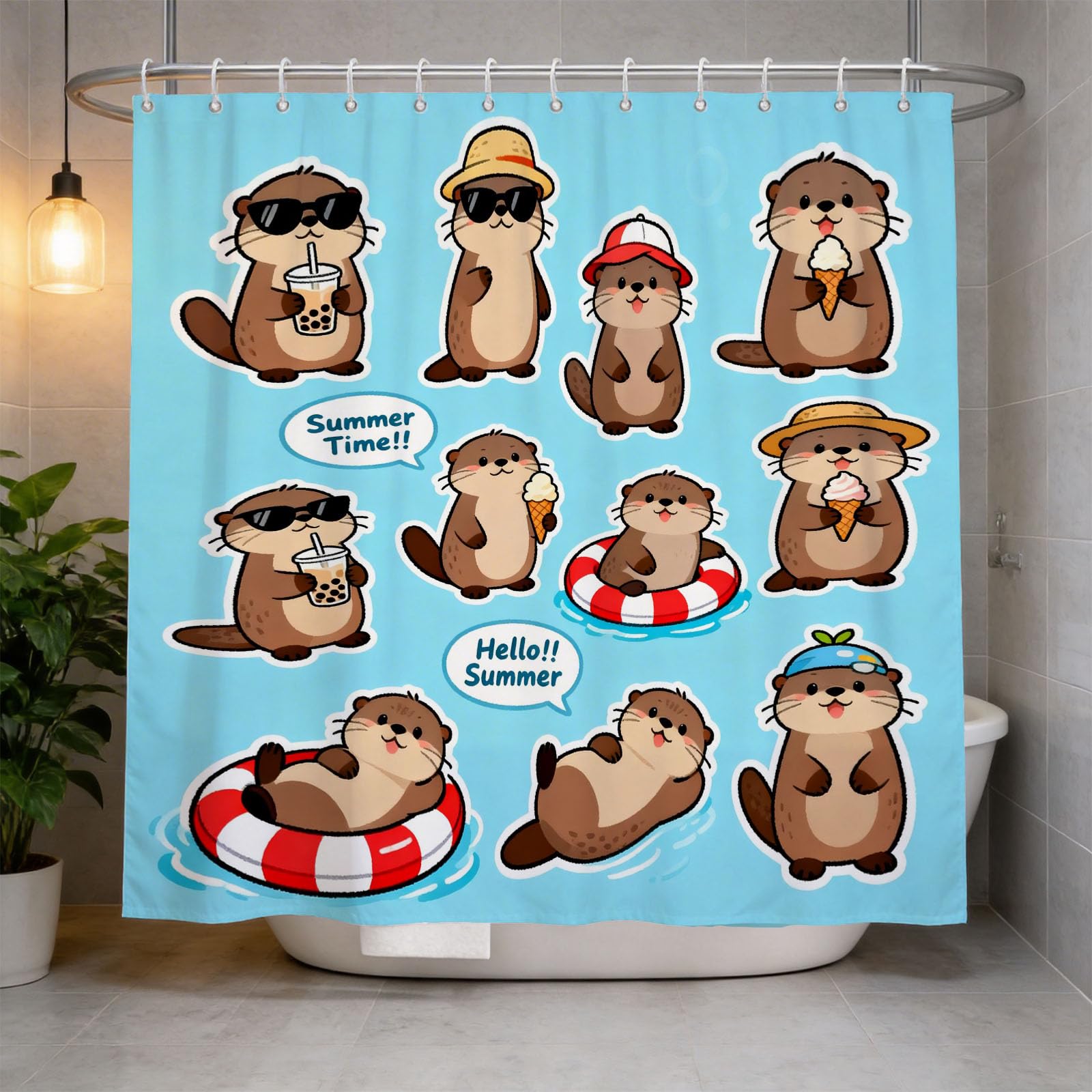 Hongduo 3D Cute Cartoon Otter Shower Curtain for Stalls Bathtubs Cartoon Bathroom Decor Shower Curtain Set Polyester Fabric Waterproof 200x200cm/79X79 Inch with Hooks
