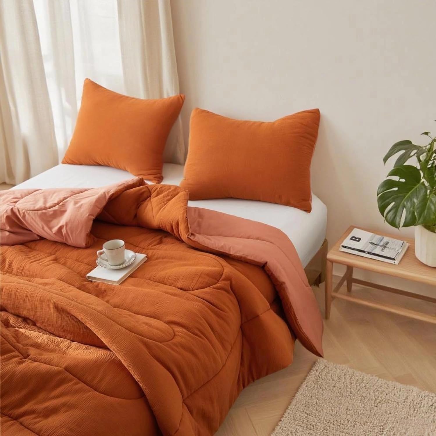 Simple&Opulence 100% Cotton Muslin Comforter Set Twin Size, 2PCS Washed Cotton Gauze Comforter, Soft Lightweight All Seasons Bedding Sets(Burnt Orange,Twin)