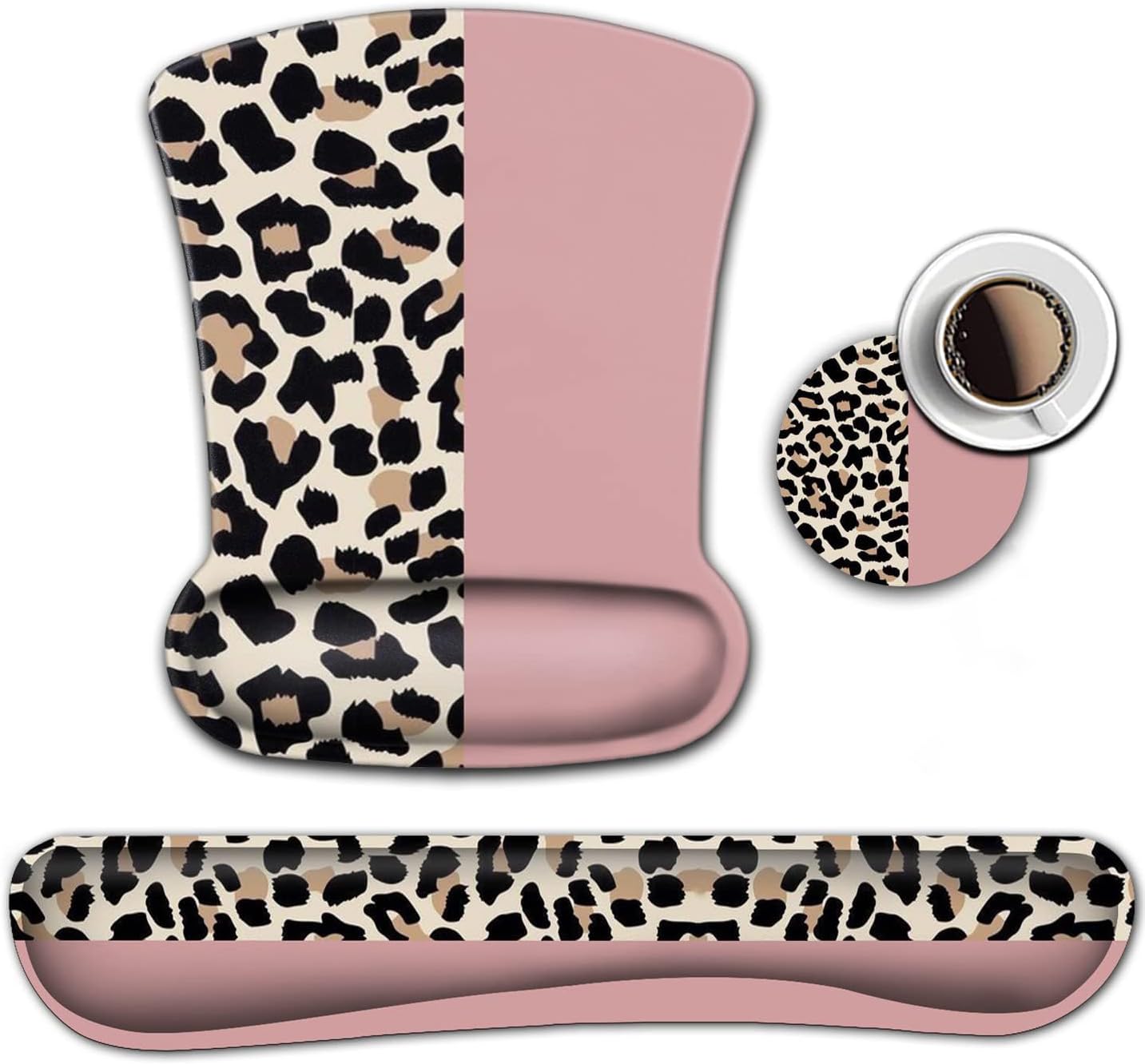 Pink Gaming Mouse Pad, Ergonomic Mouse Pad Wrist Rest Support with Gel, Quality Memory Foam Keyboard Wrist Pad for Home/Office Easy Typing Game Desk Mat with Non Slip PU Base, Brown Leopard Pattern