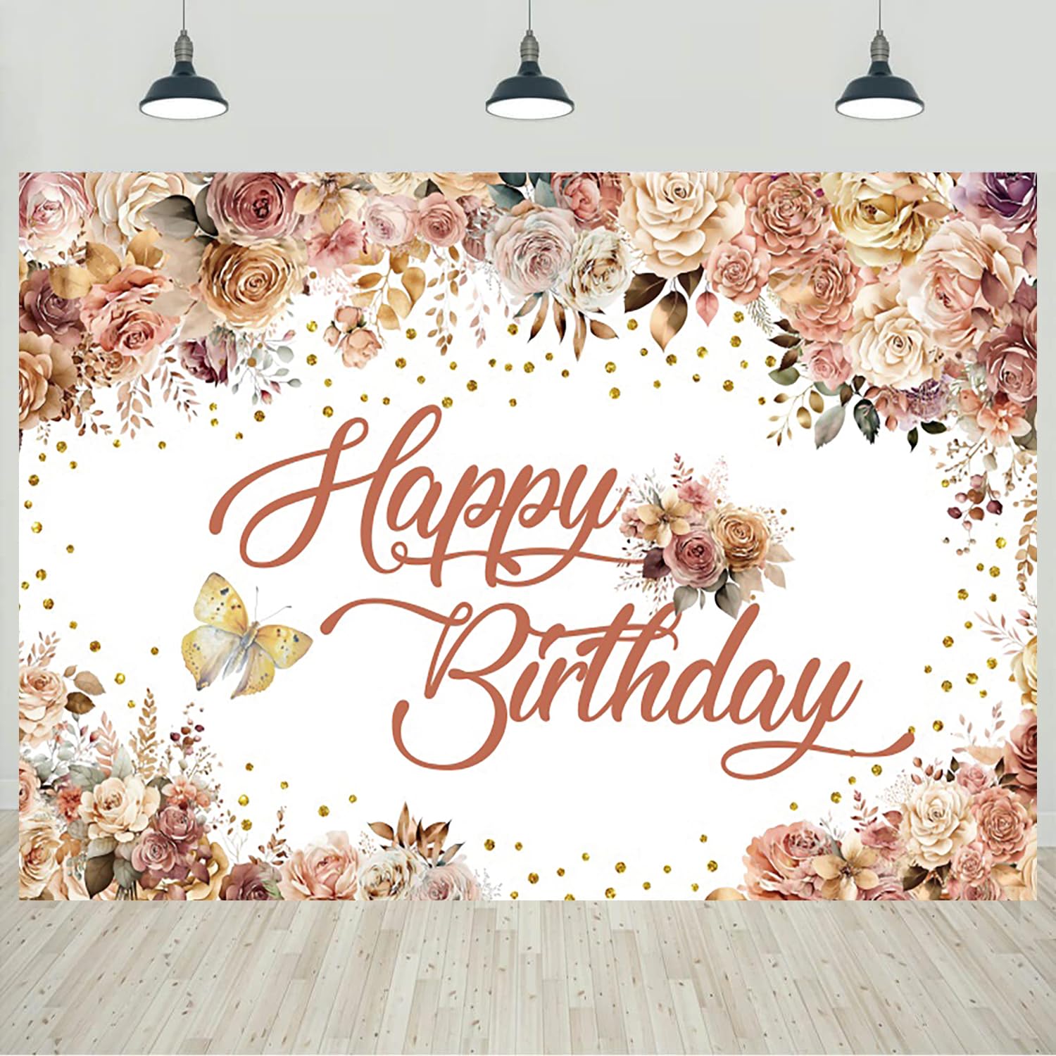 7x5ft Flowers Birthday Backdrop Girls Women Birthday Party Photography Background Colorful Flowers Butterfly Gold Dots Birthday Decorations Banner Portraits Photo Studio Props