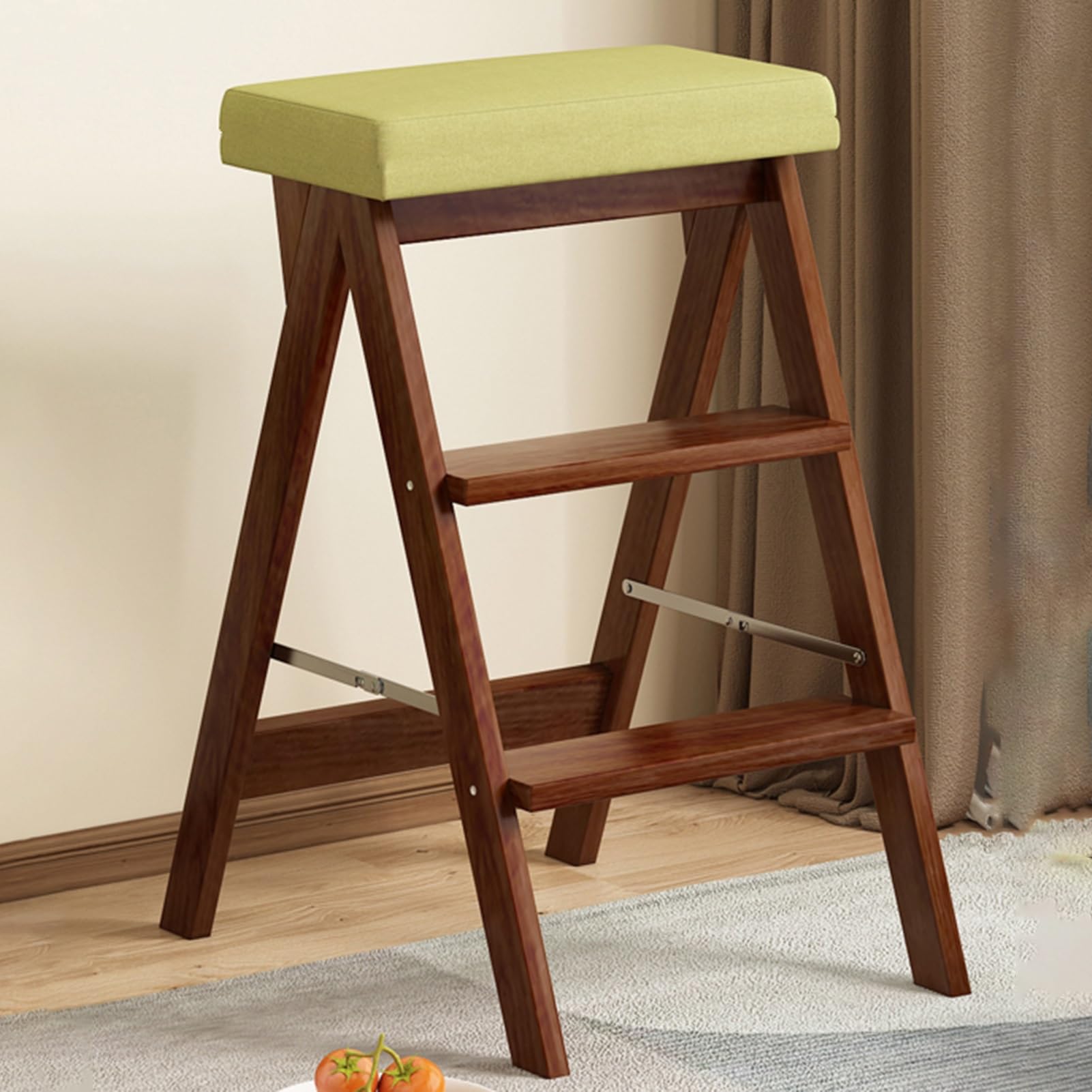 GWBoiuyQETM Wooden Folding Library Ladder Chair, Convertible Folding Chair Step Stool Display Stand, Protable 4-Step Library Ladder for Adults Office Home Kitchen Outdoor (Color : Brown+green)