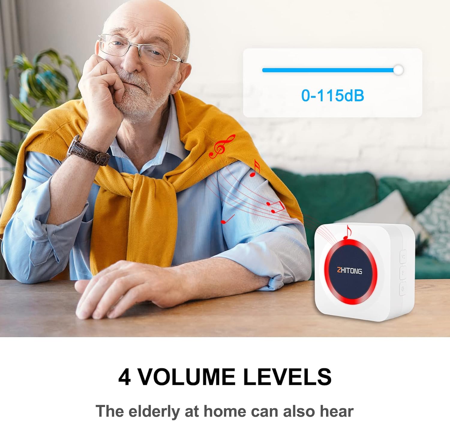 Image illustrating the 4 volume levels of the Zhitong wireless doorbell, with a range of 0-115dB, emphasizing its audibility for the elderly.