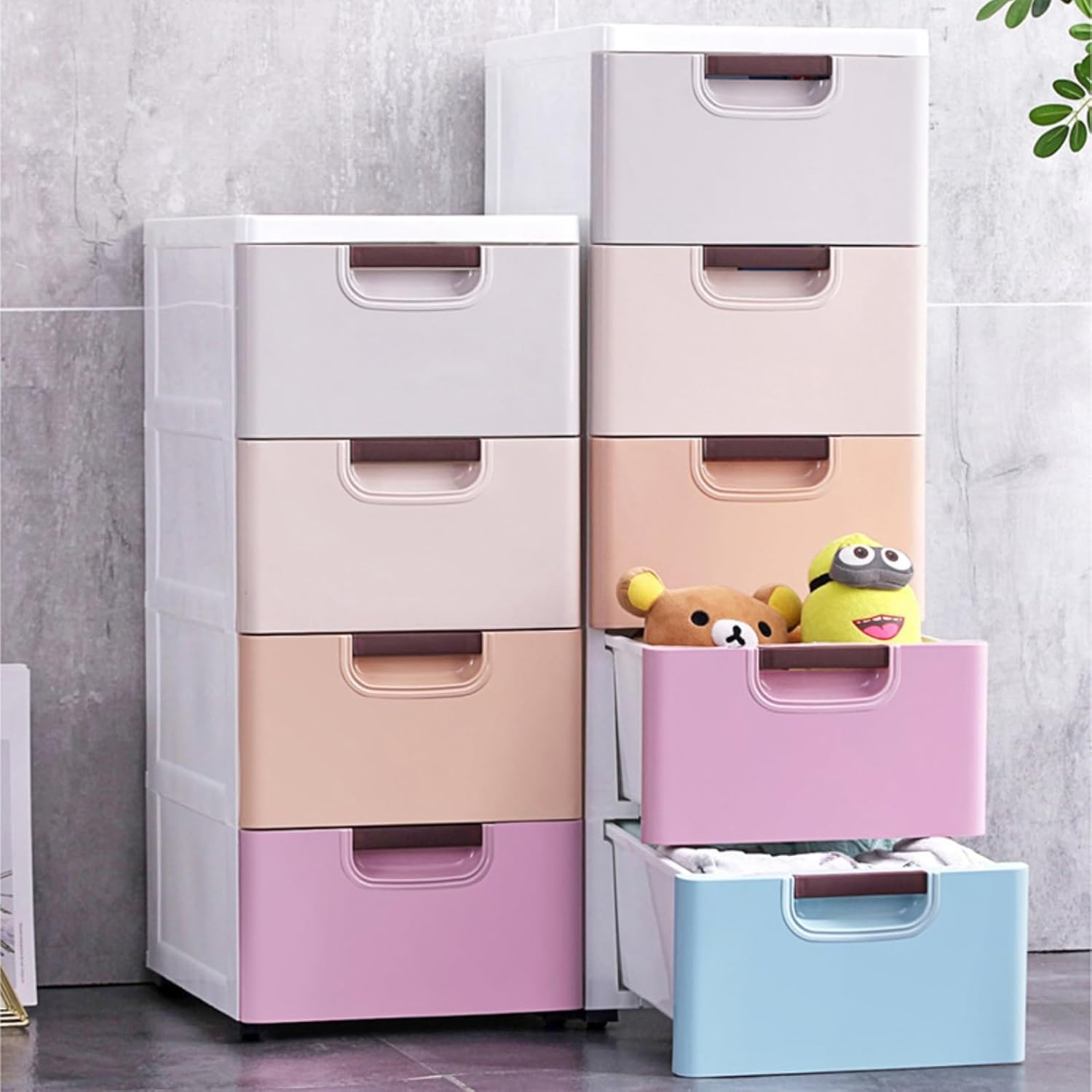 5 Drawers Stackable Storage Drawers Plastic Storage Drawers Collapsible Storage Bins Plastic Clothes Organizer Drawers Storage for Living Room,Bedroom,Office (Light Colors, 11.81" W)