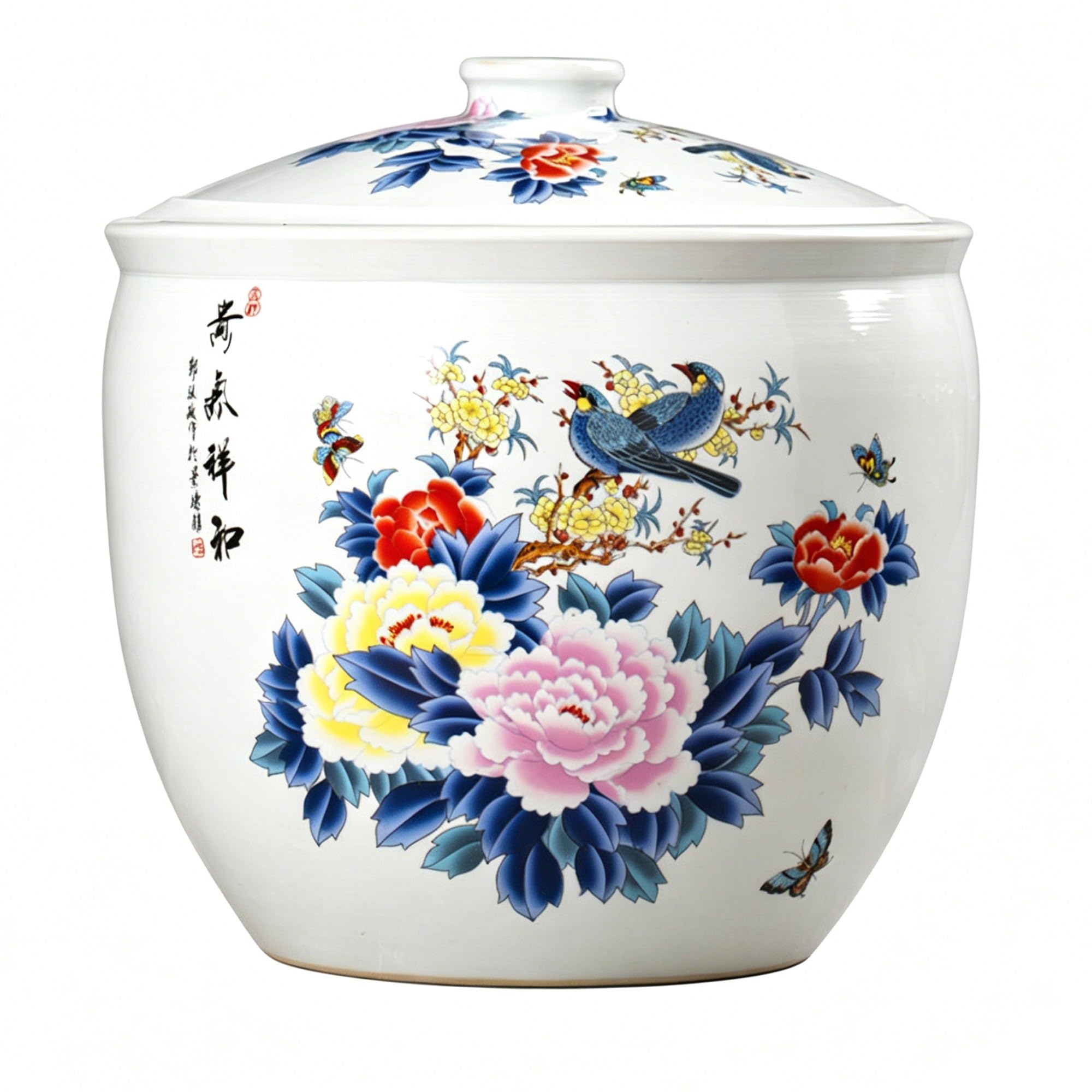 MMleYN Ceramic Rice Jar And Household Rice Bucket With Airtight Lid, Chinese Decorative Food Storage Canister, Traditional Grain Dispenser & Cylinder For Kitchen Pantry(B,5kg)