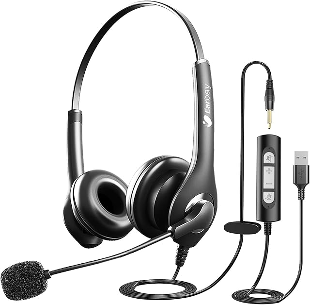 USB Headset, PC Headset with Mic with 3.5mm Jack Noise Cancelling Microphone, Lightweight Wired headphones with Mic for Call Center, Cell Phone, Computer, Office, Business, Skype, Zoom, Webinar