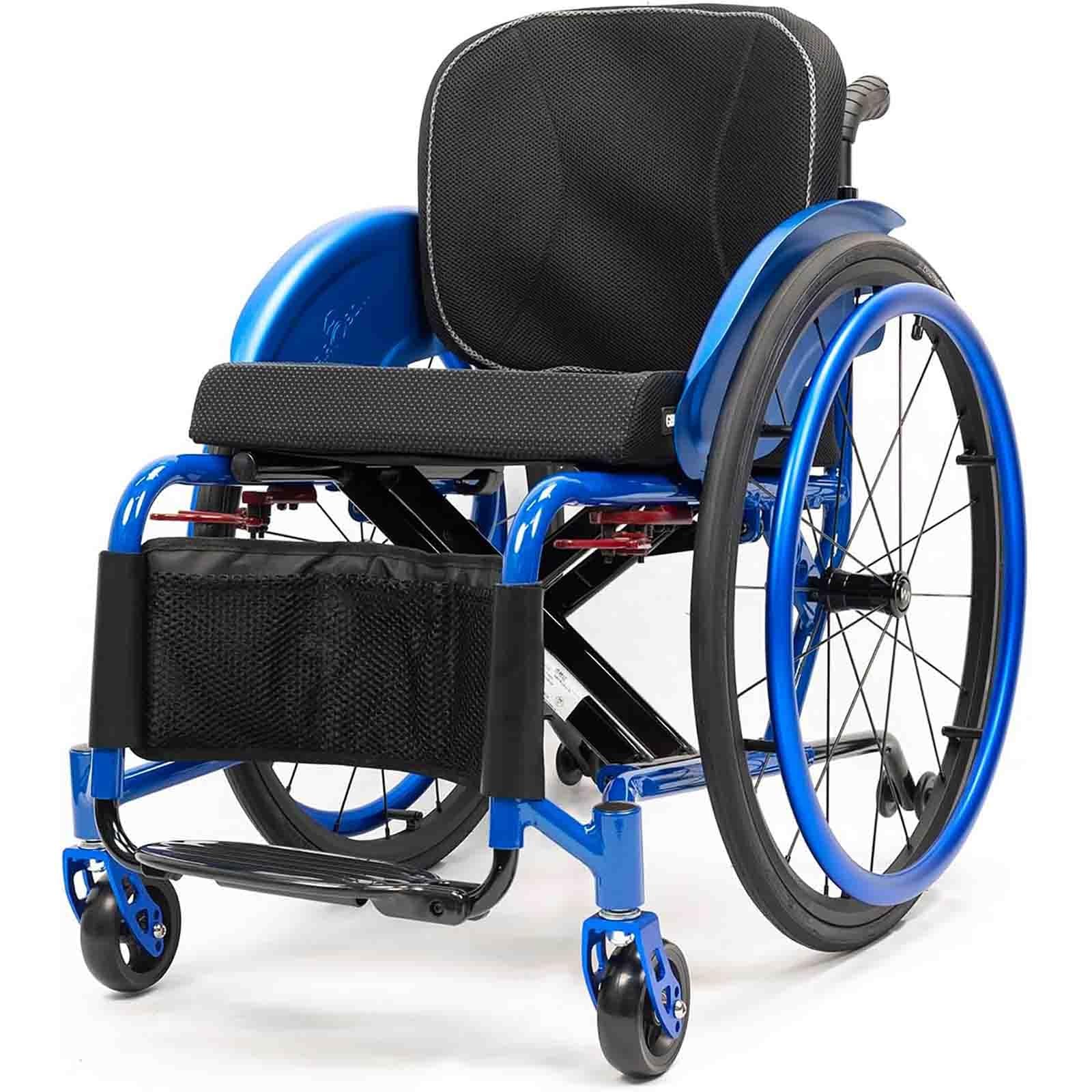 Sedia a rotelle portatile per il trasporto, pieghevole, ultraleggera, adatta a tutti i terreni, con ruote manuali in lega di alluminio e propulsione autonoma (blu B, larghezza seduta 38 cm/15 pollic