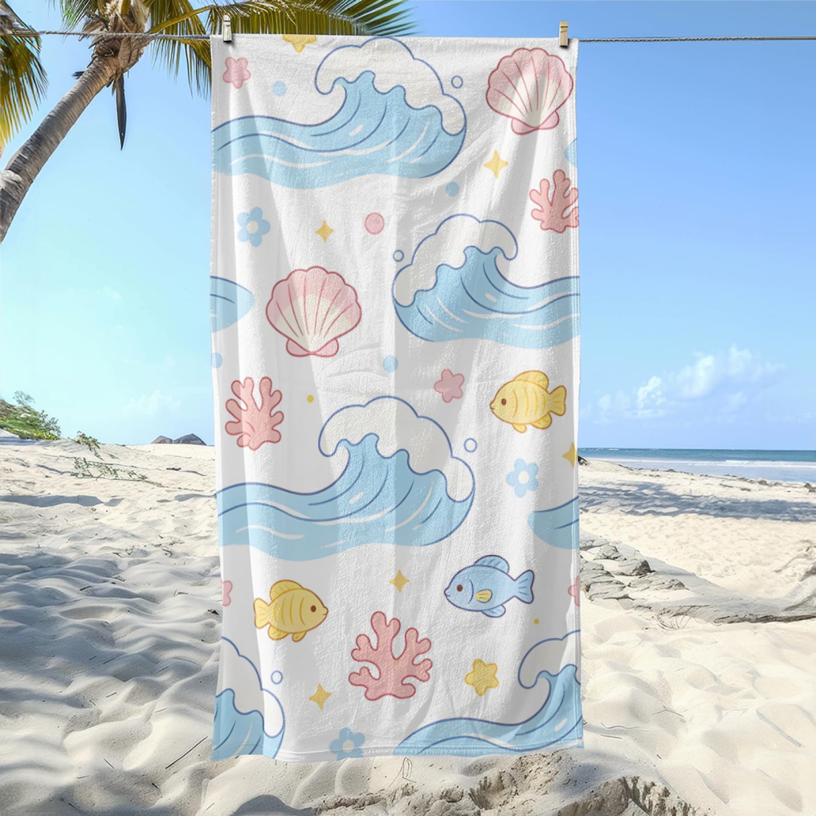 Fouta PlageShell De Ligne Bleue Blanche Modèle Surdimensionné avec Diverses Tailles, Respirante et Portable, Parfaite pour Voyages Sorties Piscine et Usage Extérieur Quotidien 90x160 cm