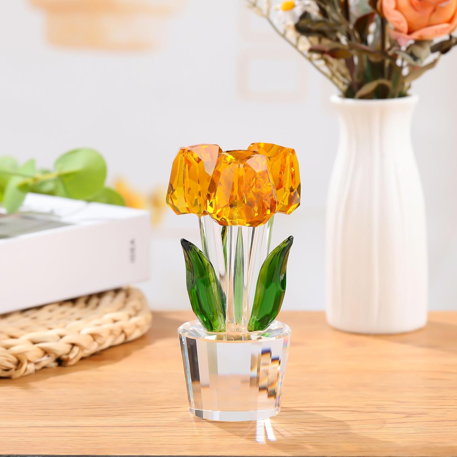 Enjinkail Yellow Tulips Artificial Flowers Glass Decor Collectible Crystal Figurine Ideas for Mom Women on Graduation Christmas Wedding - Image 6