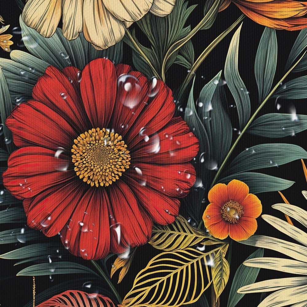 71X84 in Boho Floral Shower Curtain Natural Fun Morden Botanical Tropical Bathroom Decor, Farmhouse Abstract Waterproof Black Flower Print, Vintage Aesthetic Fabric Cloth Bohemian Bath Curtain Set