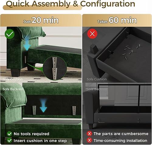 Miniatura 9 de KKL Sofá modular grande en forma de V, sofá de nube de 7 plazas con otomana, sofás seccionales de felpilla para sala de estar, apartamento, verde
