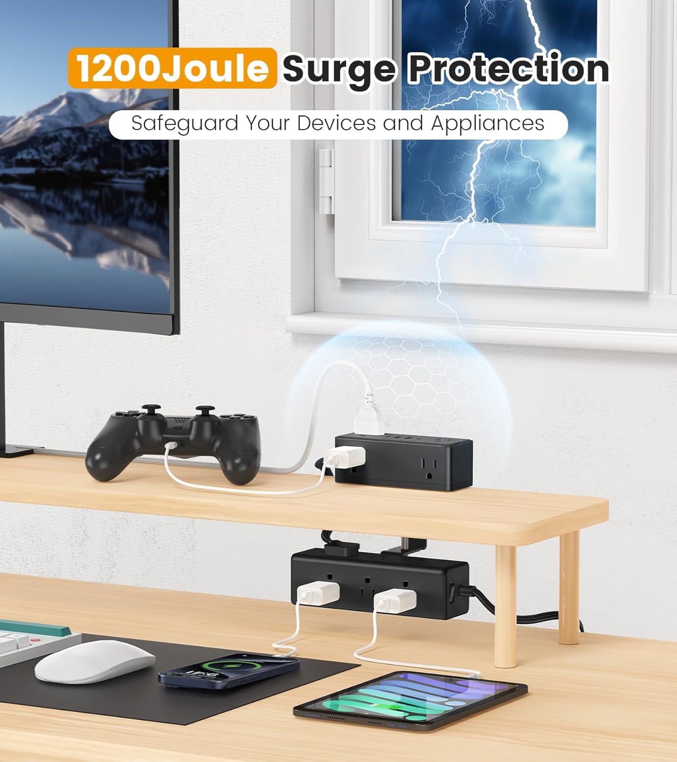 Dual Layer Desk Clamp Power Strip with 4 USB Ports(20W USB-C) & 15 AC Outlets, Desktop Edge Mount Surge Protector, Ultra Thin Flat Plug & 5FT Power Cord for Office Home(ETL Listed)
