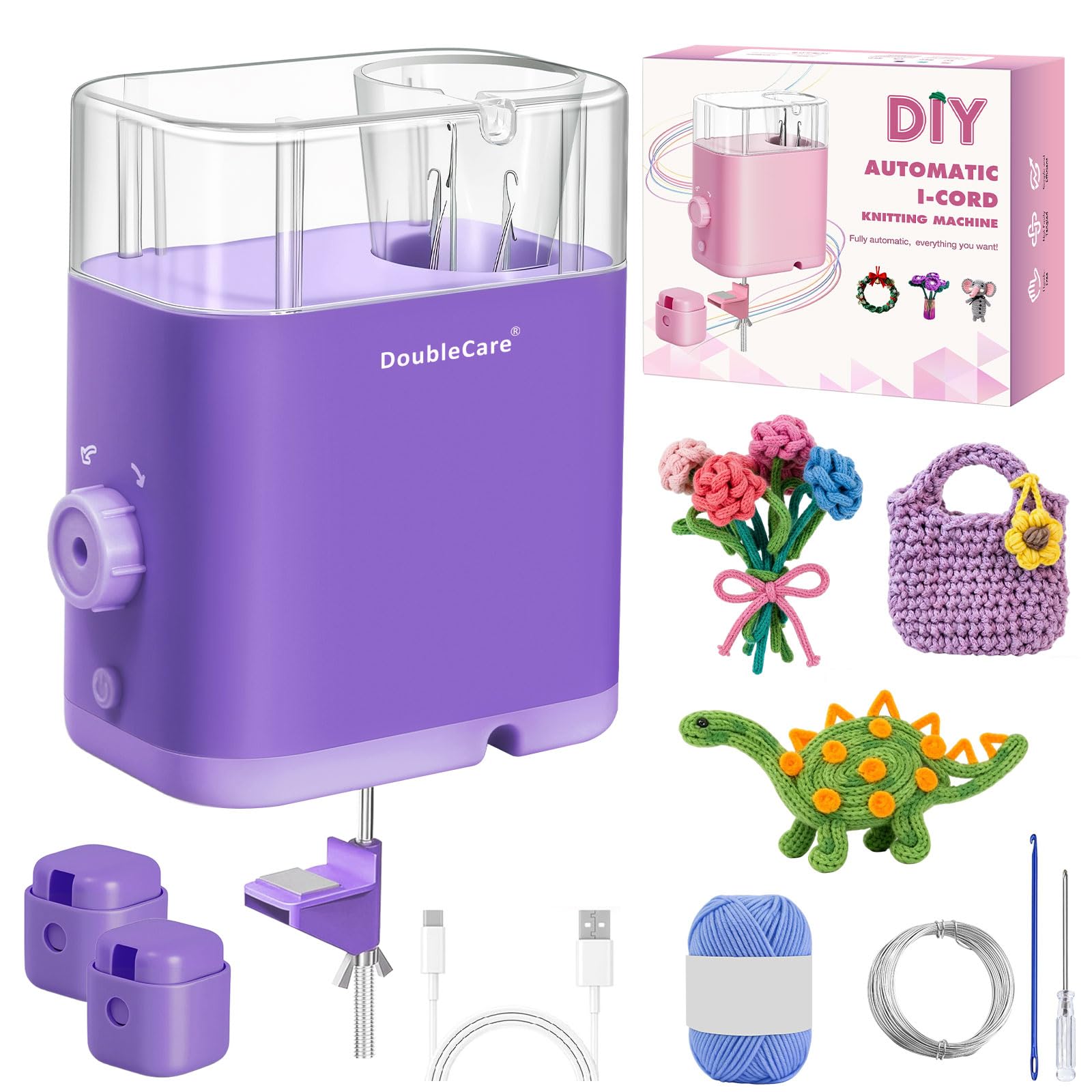 DoubleCare Automatische i Cord Strickmaschine, Elektrischer i-Cord Stricker mit Garn und 1 Rolle 2M Eisendraht, Lila