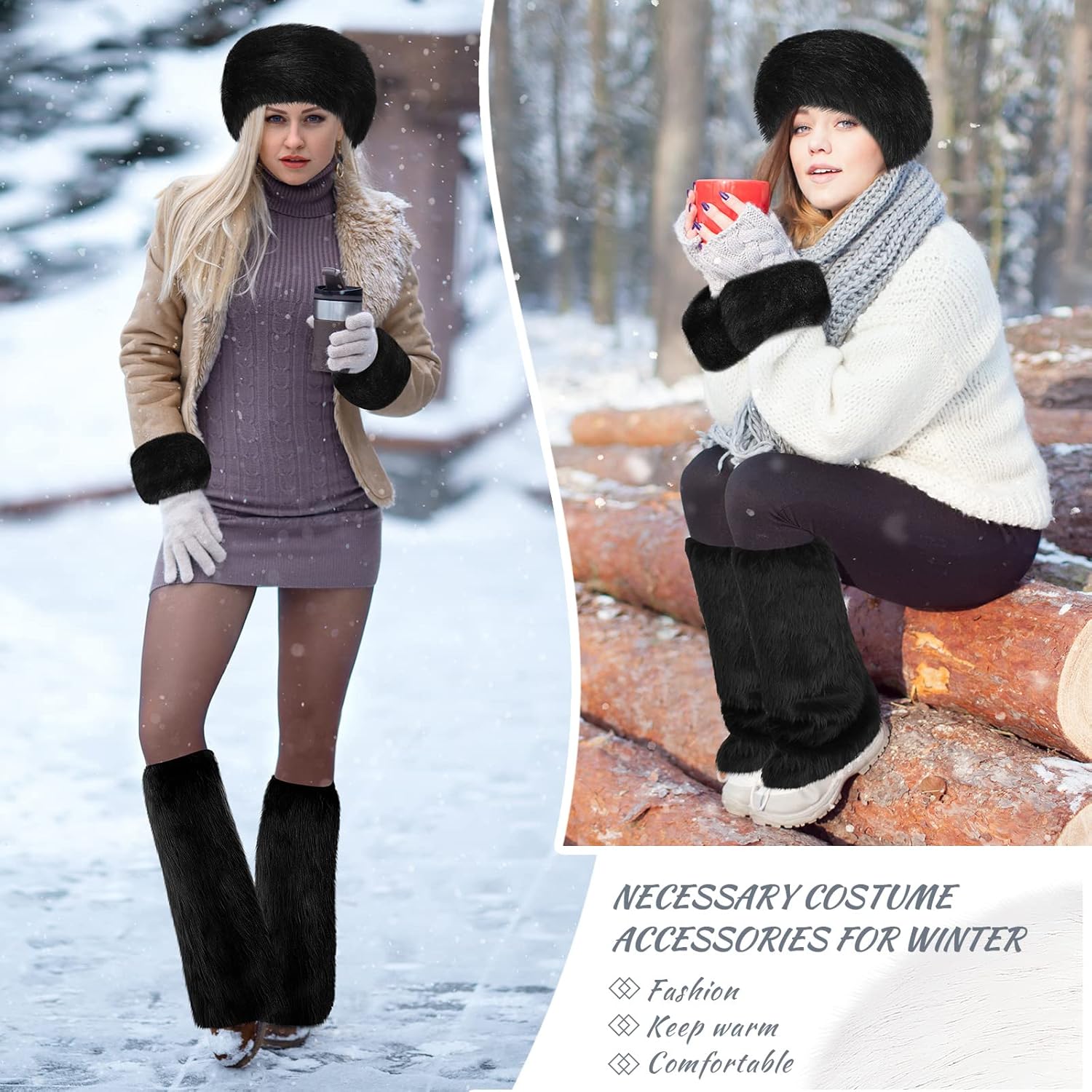 SATINIOR 3 Pieces Faux Fur Headband Set Ear Warmer Headwrap Furry Wrist Cuff Leg Warmers Boot Cuff Accessories for Girls - Image 3