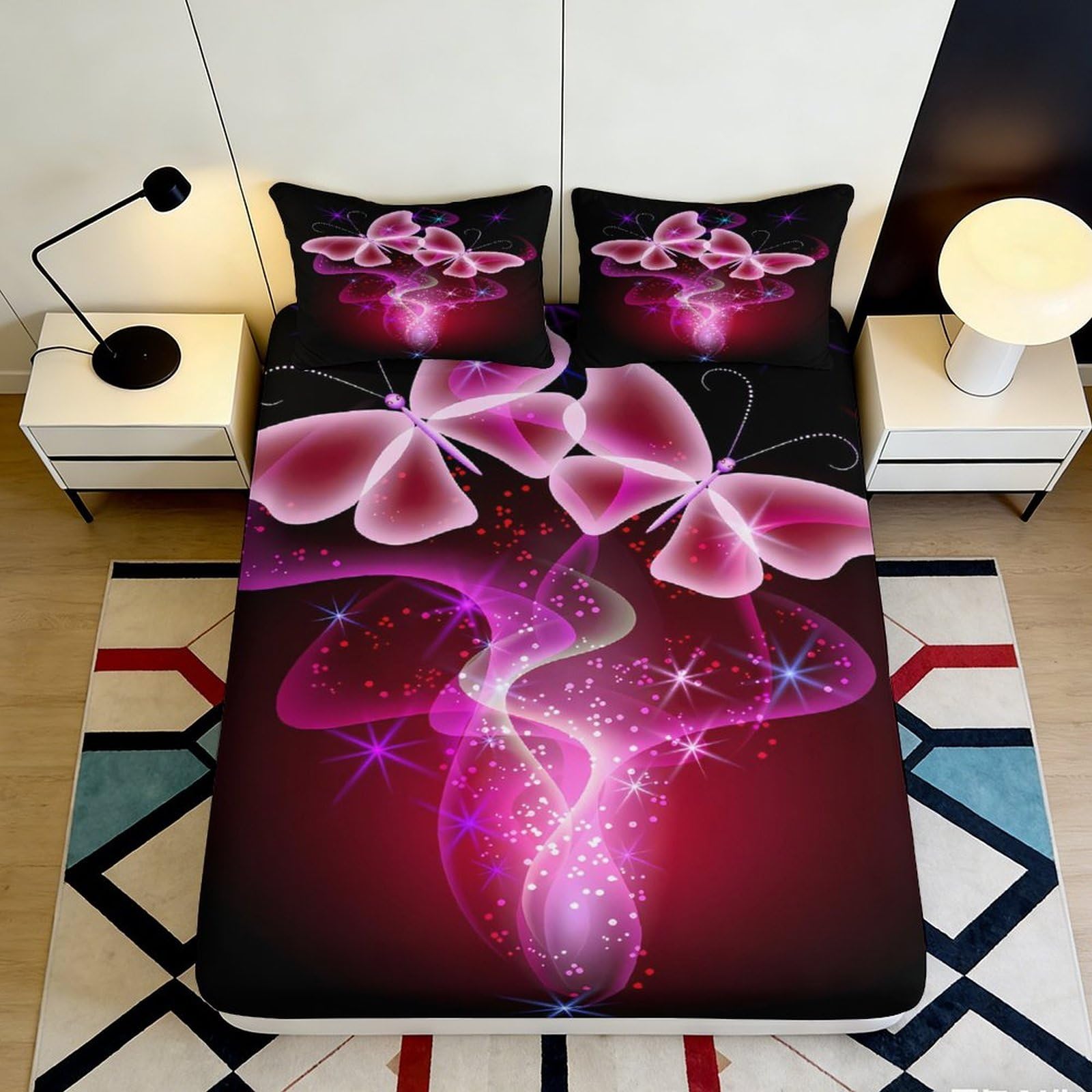 3D Printed Dream Butterfly Fitted Sheet Microfiber Deep Pocket Non-Slip Bedding Fantasy Butterfly Mattress Fitted Cover Washable 120x200x25cm