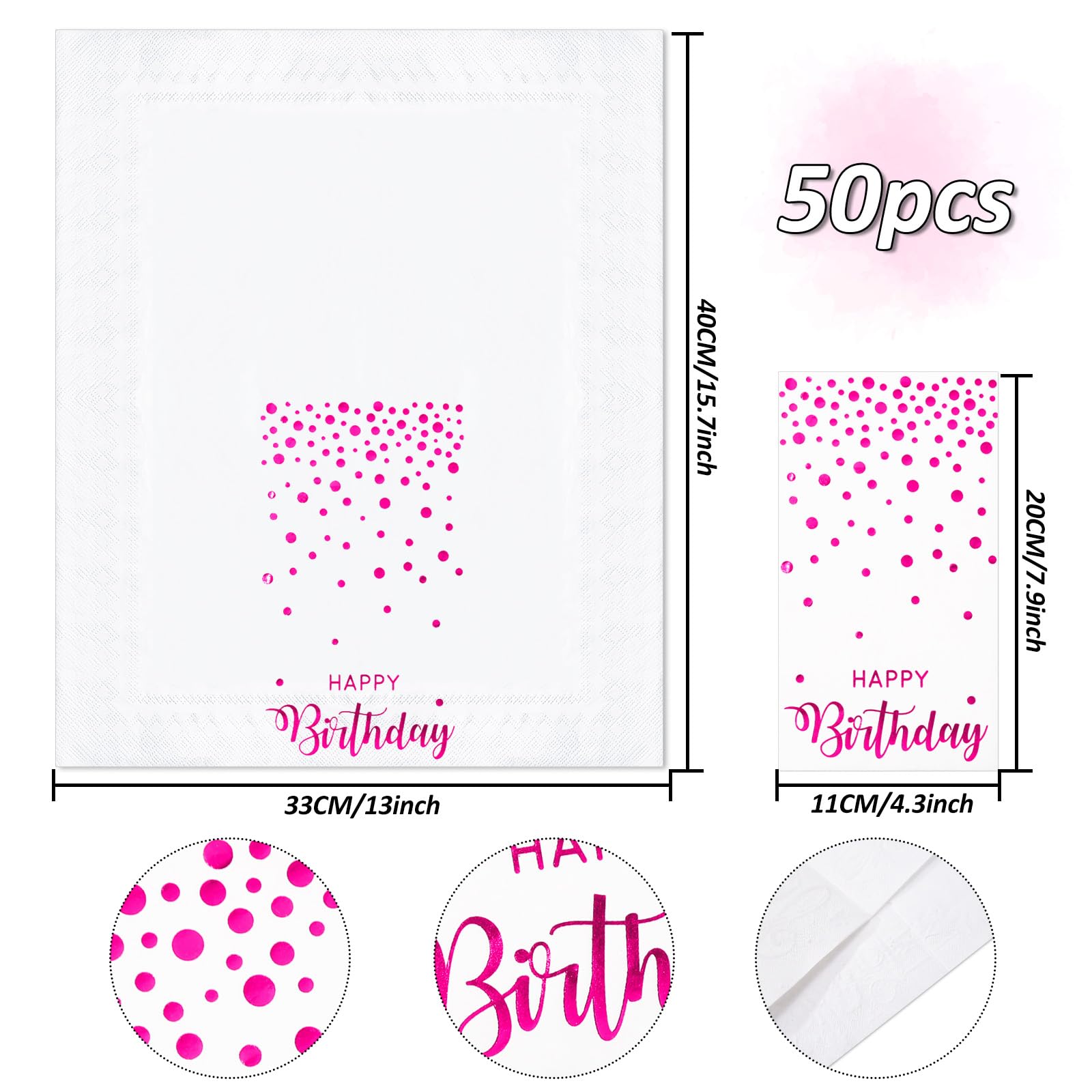 JarThenaAMCS 50 servilletas de papel desechables para invitados de feliz cumpleaños, con lunares de papel de aluminio rosa intenso, servilletas de mano, para decoración de mesa de fiesta de cumpleaños
