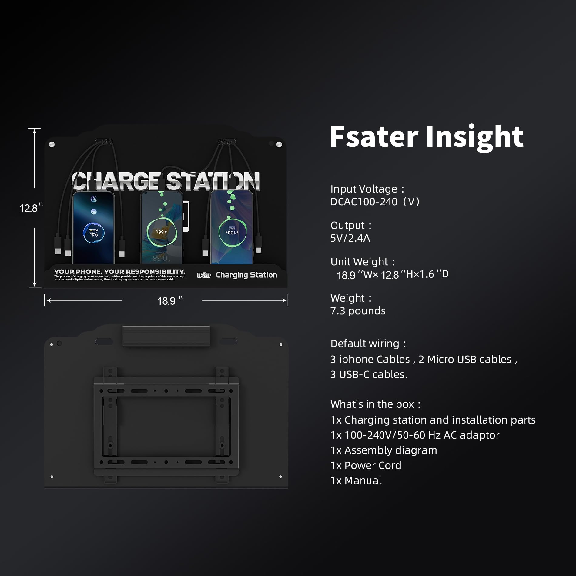 Estación de carga de 8 puertos montada en la pared con cables Fast Charigng - Base de carga multidispositivo para oficina, hotel y espacios públicos | Compatible con iPhone, iPad, smartphone, tabletas