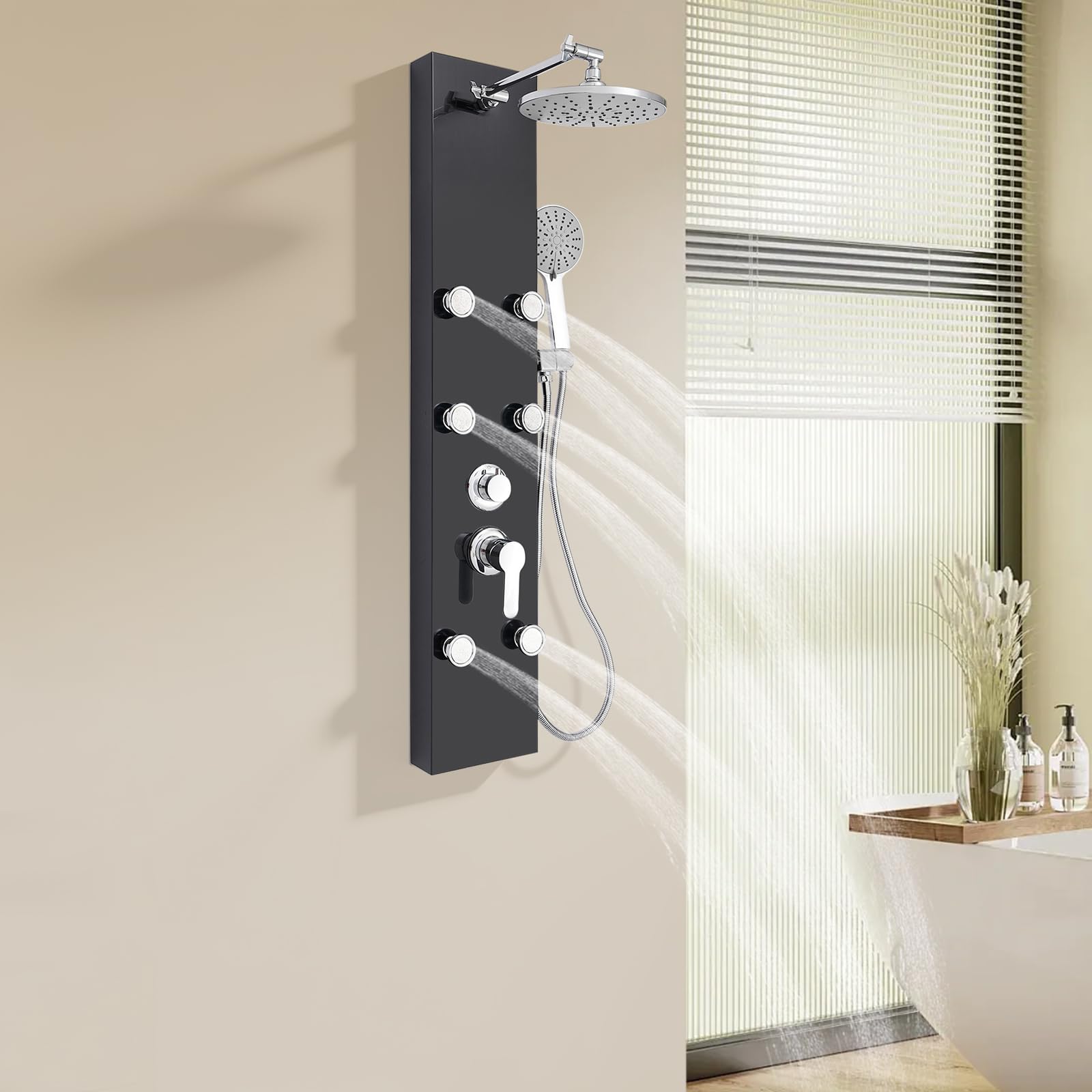Duschpaneel mit 6 Massagedüsen Kopfbrause Handbrause Wandmontage Edelstahl Schwarz