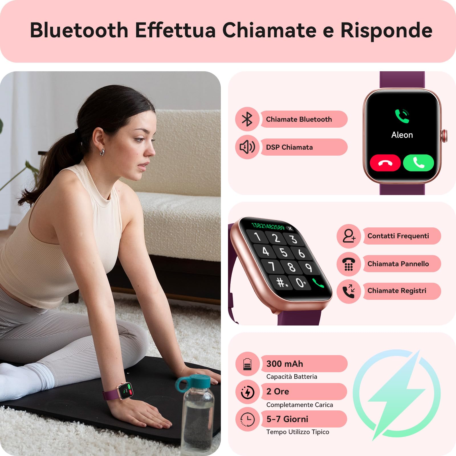 Orologio Smartwatch Donna- 1.91" Smartwatch con Chiamata Bluetooth Alexa, 24H Sonno Cardiofrequenzimetro Spo2, 120 Modalità Sport, Impermeabile IP68 Sportivo Digitale Contapassi Donna per Android iOS