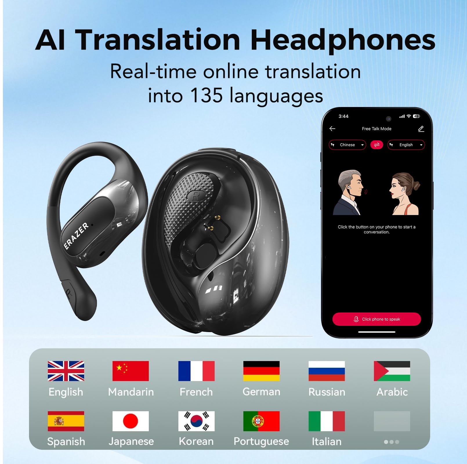 QYGCKJ ERAZER X5 AI Translation Earbuds Real Time, 135 Languages Translator Earbuds, 3-in-1 Open Translation Headphones, Compatible with iOS & Android, Translation Device for Travel Business Learning