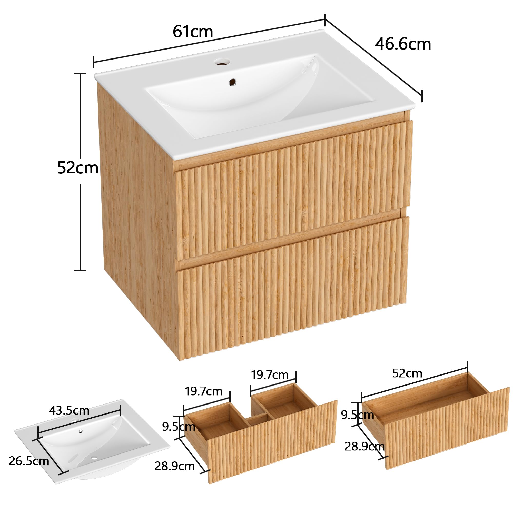 Waschtisch mit Unterschrank 60 cm, Badmöbel Set und Keramikwaschbecken, Waschbeckenunterschrank inklusive 2 Schubladen, Wandhängend, Rillendesign, Natur