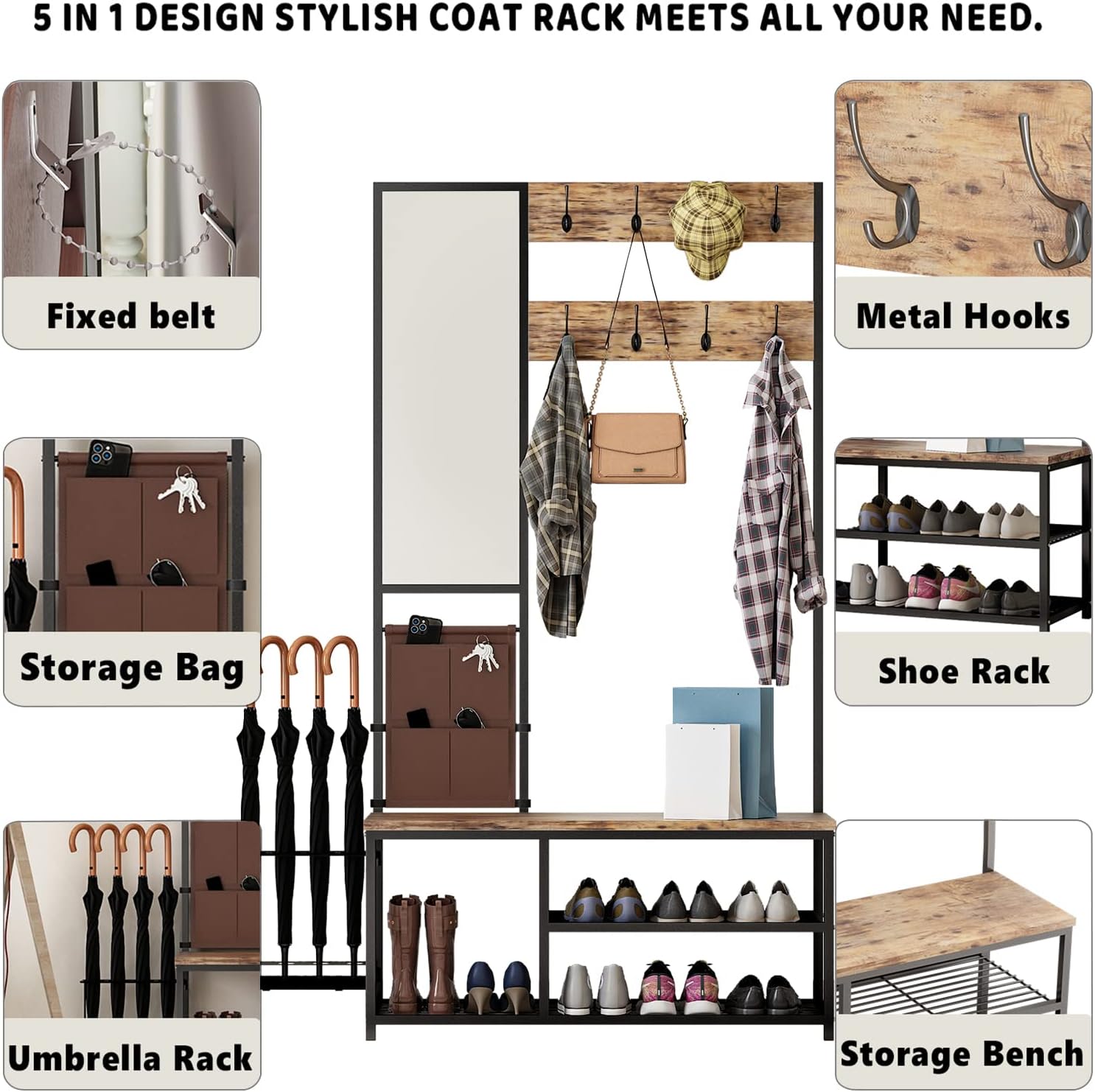 Bonzy Home Hall Tree with Shoe Storage Bench, Coat Rack with Mirrors and Hook, Umbrella Rack and Storage Bag, Small Side Bench,Industrial 5-in-1 Entryway Coat Rack for Hallway Mudroom,Rustic Brown : Home & Kitchen