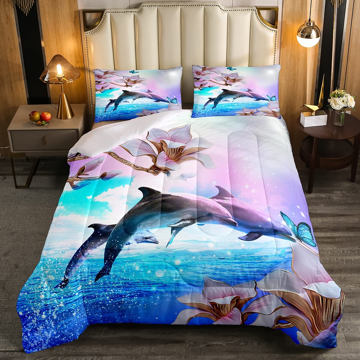 Juego de ropa de cama de delfín para niños y niñas y niños, edredón floral de lujo de flores decorativas Galaxy Océano con estampado de animales de mar juego de edredón de tamaño doble 3 piezas