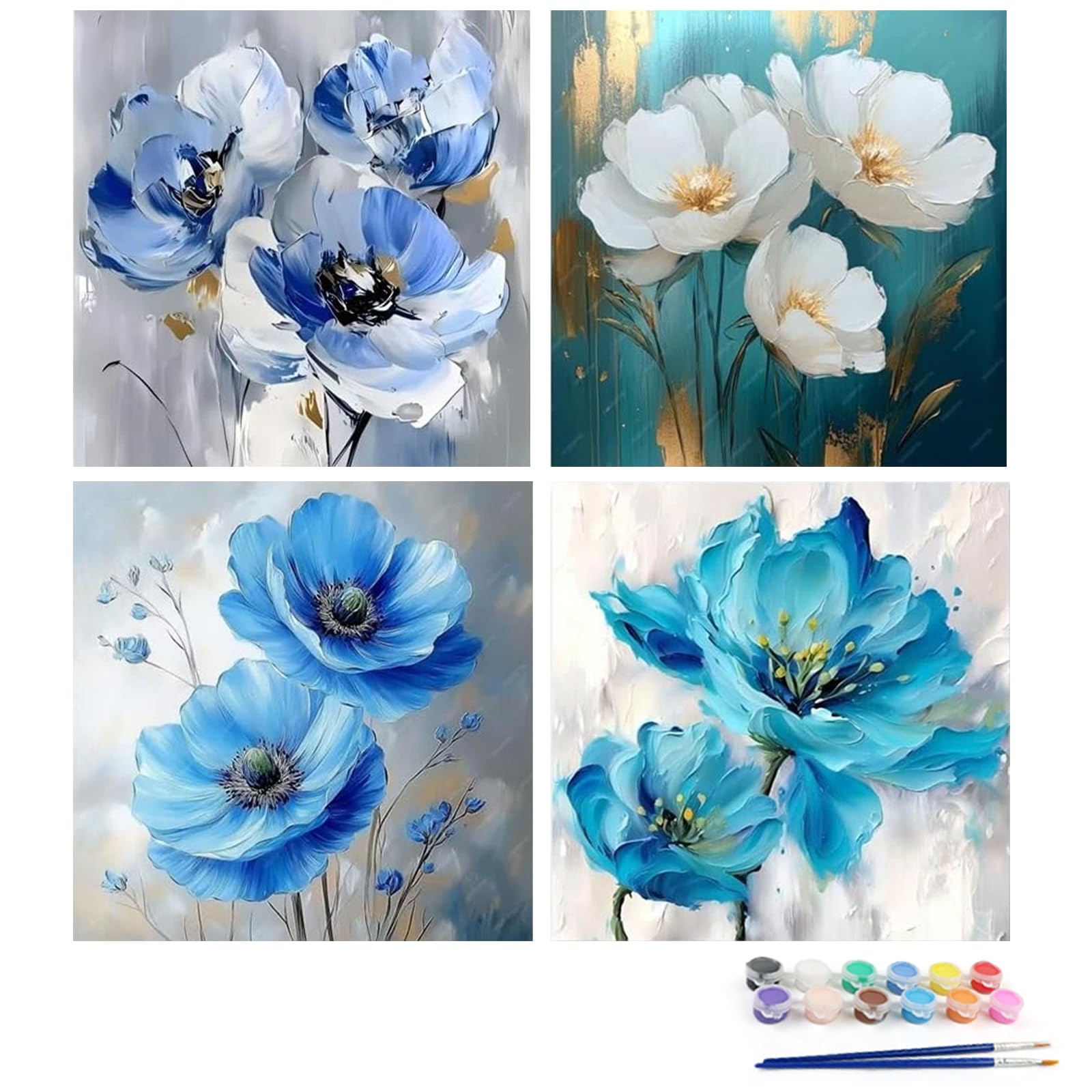 Poetrydraw Multicolor 4Pcs Diy Flowers Paint By Numbers Kits Drawing Paintwork On Canvas 20X20cm Without Frame Canvas Oil Painting Number Painting For Adults Beginners Home Wall Art Decor