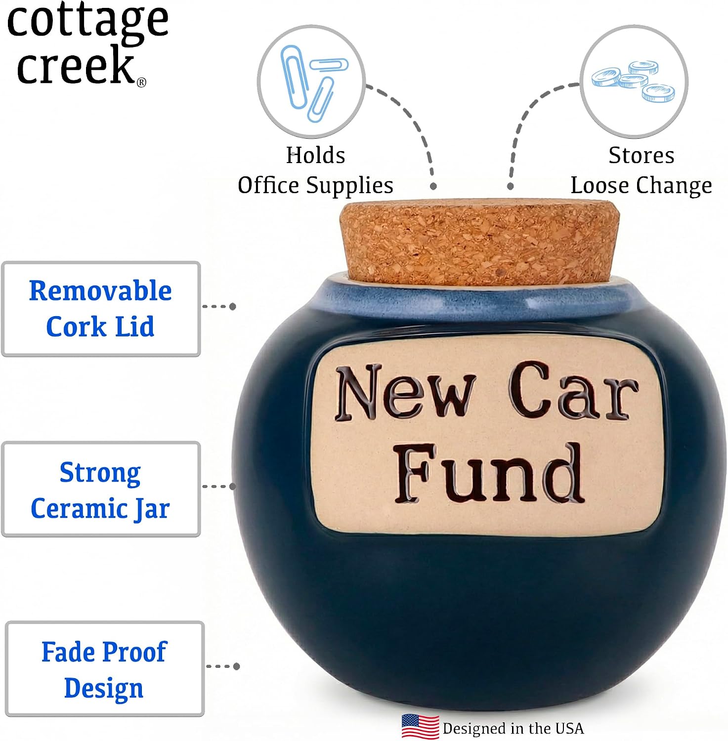 Cottage Creek Jars | Blue New Car Fund Piggy Bank | Car Accessories Ceramic Jar for Office & Home Decor | Gifts for Men, Dad, Boyfriend, Teens, Women, Friends, Mens Gifts for Father's Day
