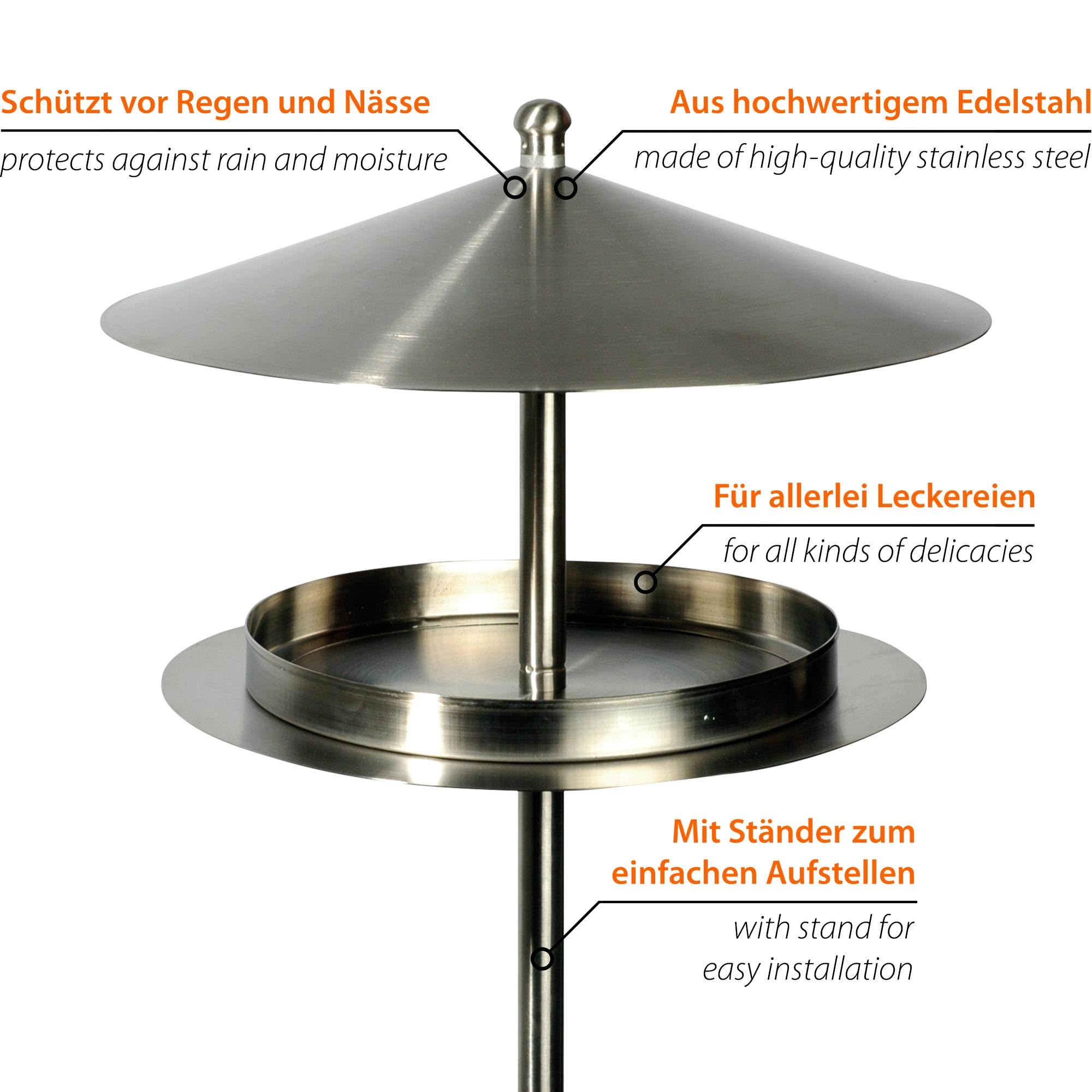 Luxus-Vogelhaus 11610 Rundes Design-Futterhaus "Silberglanz" aus Edelstahl, mit Ständer