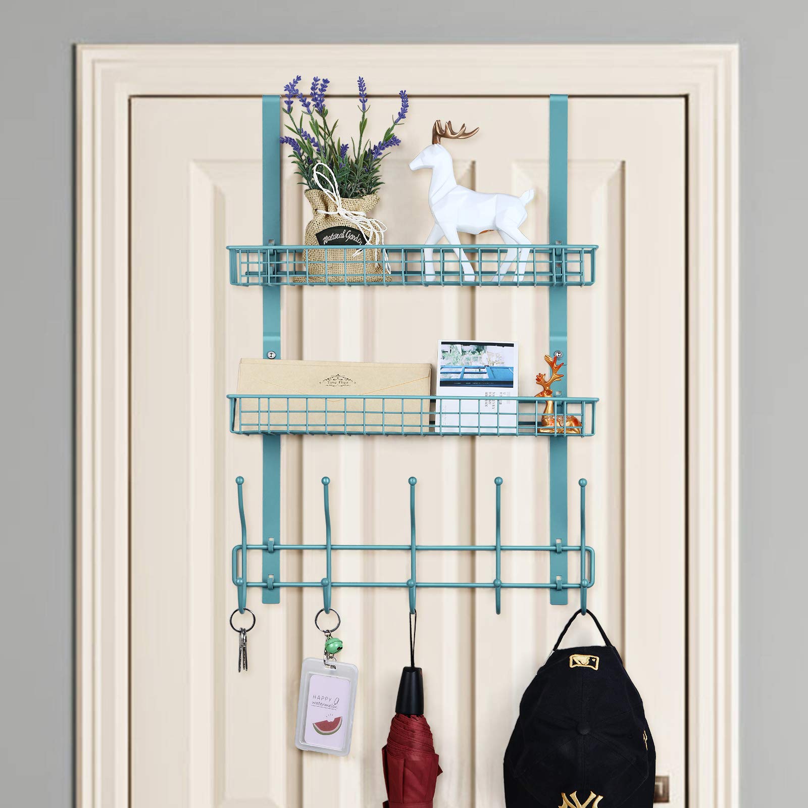 RZChome Upgrade Over The Door Hook Shelf Organizer 5 Hooks with 2 Baskets Storage Rack for Coats & Towels, Chrome(Aqua Blue)