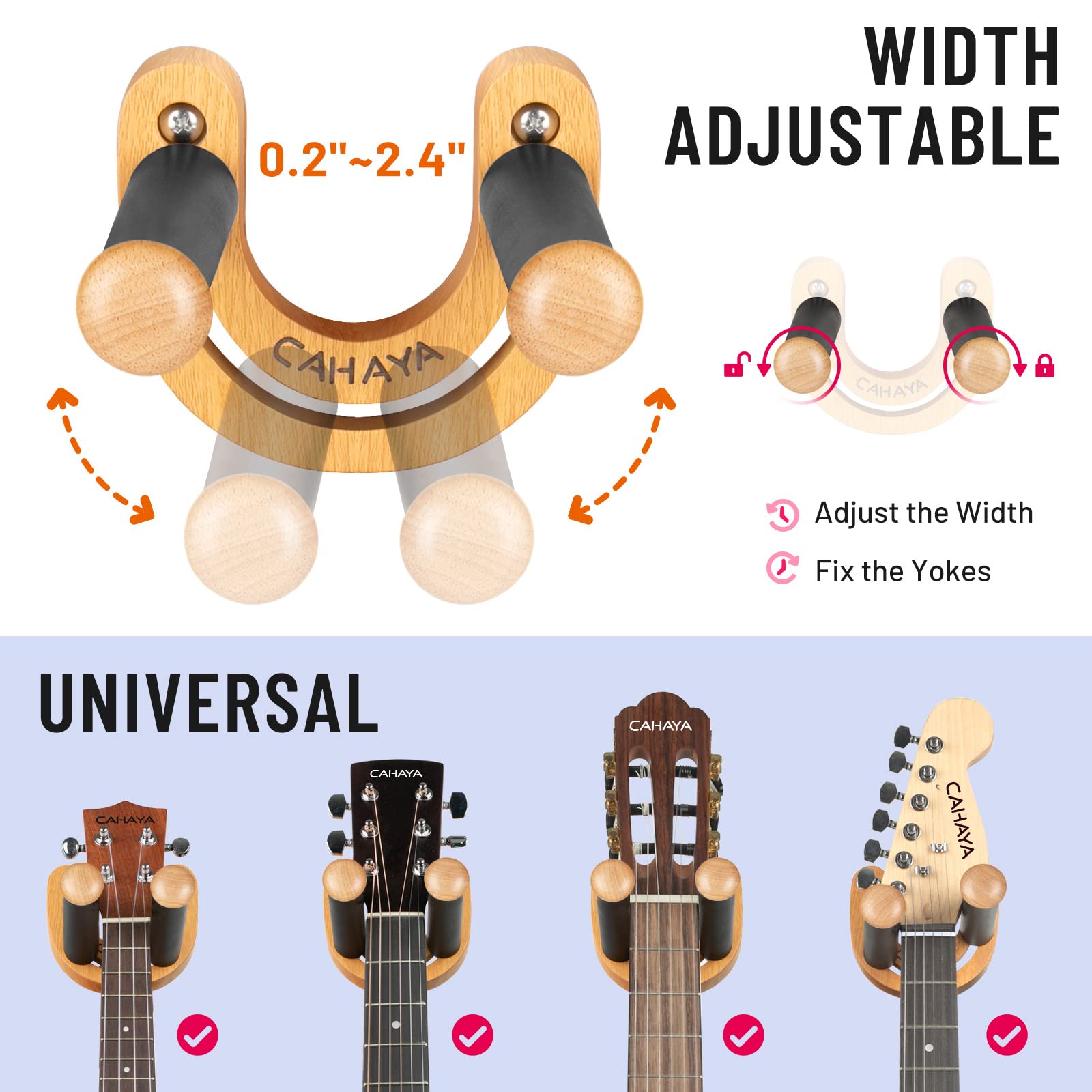 CAHAYA Soporte de pared para guitarra, paquete de 2 ganchos ajustables en forma de U con 5 púas y 1 bolsa para púas para bajo, banjo, ukelele, mandolina CY0297-1