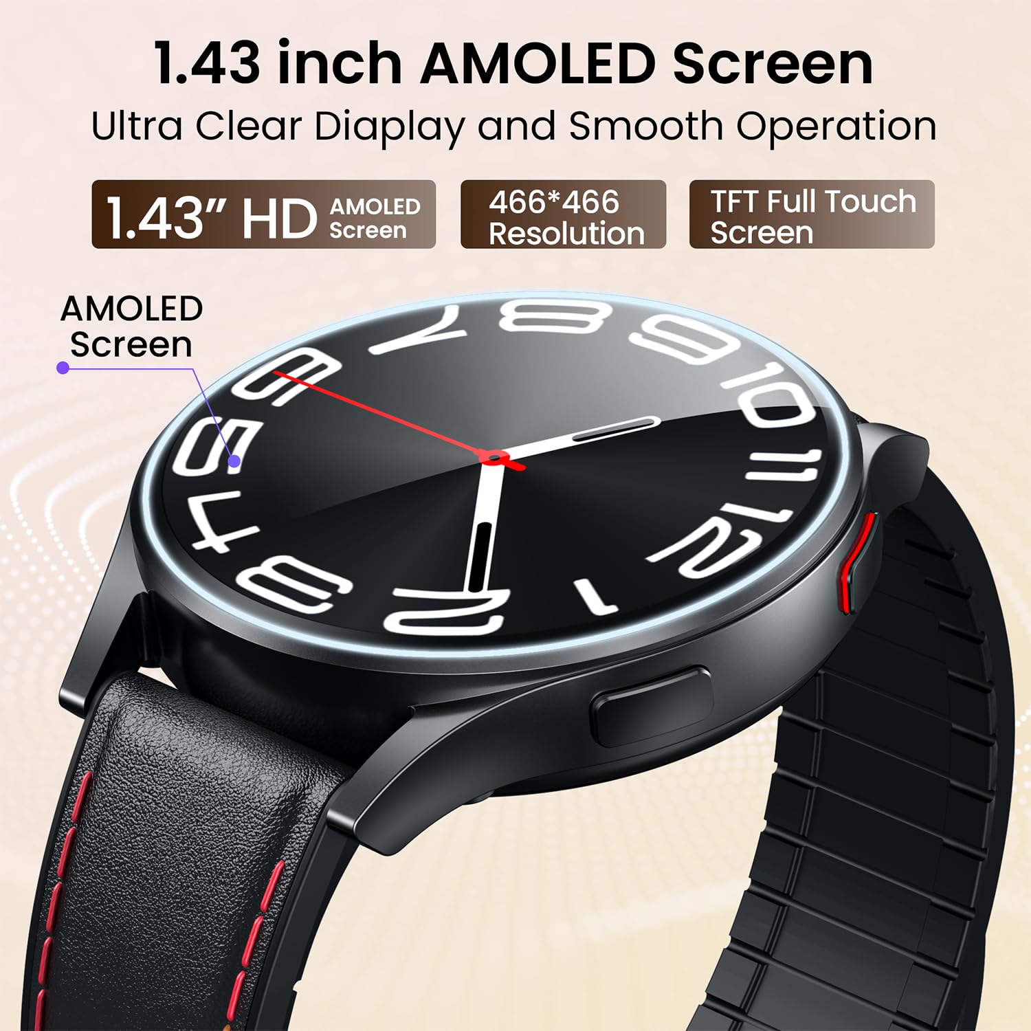 Montre Connectée Homme Smartwatch ECG+HRV - Repondre Appel 1.43'' AMOLED Montre Intelligente Santé Bracelet Connectee avec Sommeil SpO2 Fréquence Cardiaque Podomètre Fitness Tracker pour Android iOS