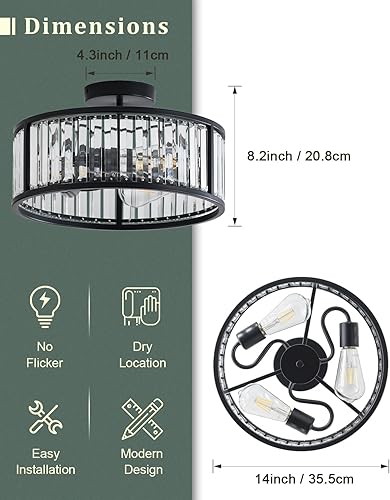 Miniatura 4 de Lámpara de techo negra empotrada, lámpara de cristal enjaulada de 2 luces, lámpara de pasillo de tambor pequeño, montaje de techo (14 pulgadas,