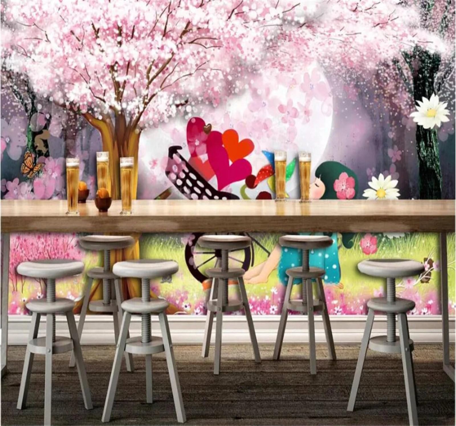 Xlming 200Cm×140Cm(B×H) Dreamlike Ethereal Cherry Blossom Trees Cartoon Characters 3D Wallpaper Luxury Home Dining Decor Paste Sofa Living Room The Wall For Bedroom Mural-200Cm×140Cm