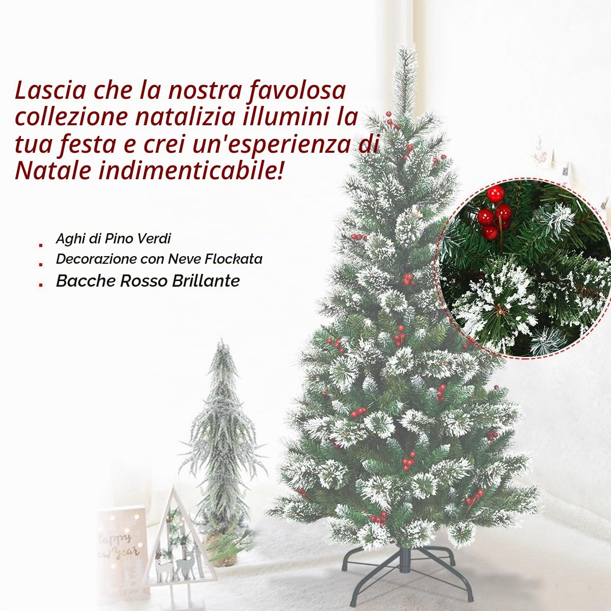 KOMFOTTEU Albero di Natale Artificiale 150/180/210/230/270cm in PVC, Albero di Natale ad Apertura Automatica ad Ombrello con Base, Christmas Tree (150 cm, Innevato con Pigne)