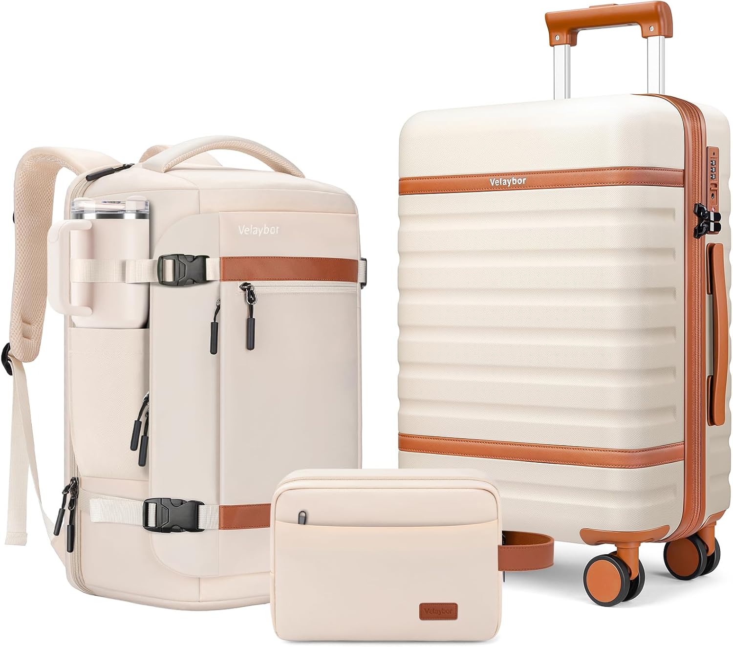 Luggage Sets 3 Piece with Spinner Wheels, Lightweight PC Hardside Suitcase with TSA Lock & YKK Zippers, 20 Inch Carry On Luggage with Travel Bag for Men and Women, Beige