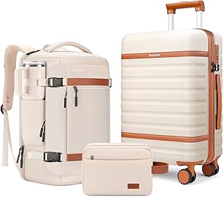 Luggage Sets 3 Piece with Spinner Wheels, Lightweight PC Hardside Suitcase with TSA Lock & YKK Zippers, 20 Inch Carry On Luggage with Travel Bag for Men and Women, Beige