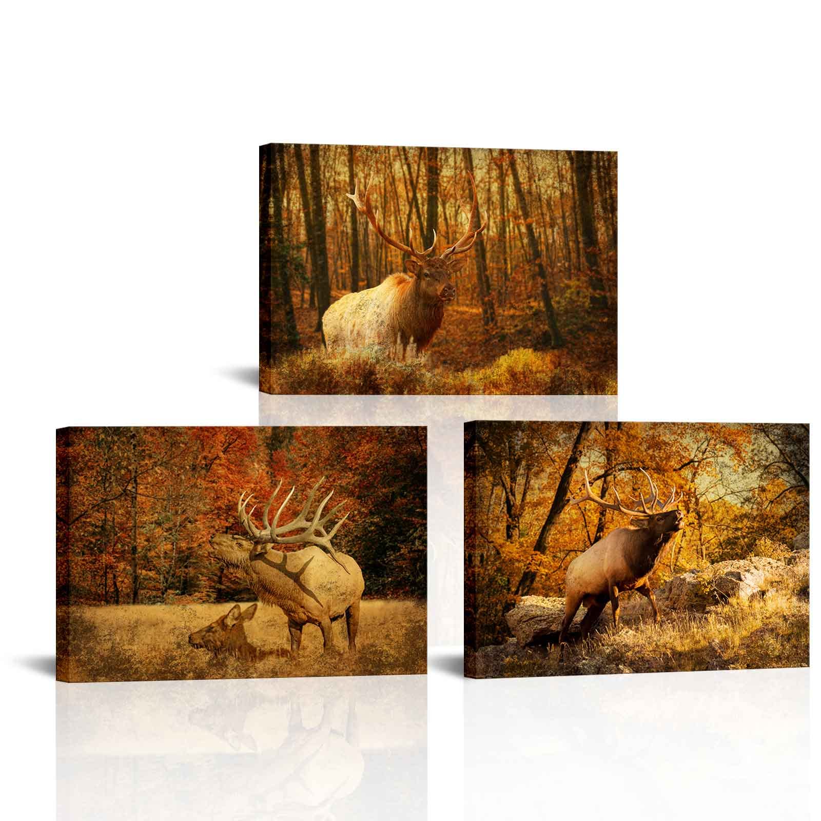 RnnJoile 3 Panel Cabin Pictures Wall Decor Deer Elk Animal in Forest Canvas Painting Wildlife Poster for Bedroom Living Room Decor 16"x24"