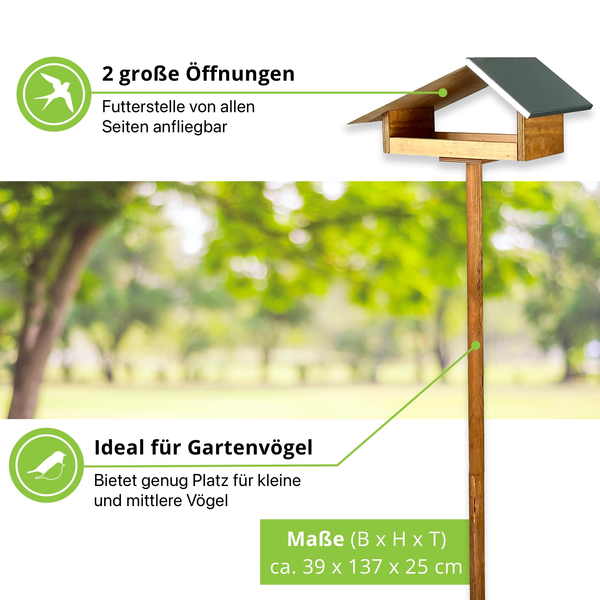 GARTENETAGE Design-Vogelfutterhaus mit wetterfestem Metalldach/massives Vogelhaus Holz mit Erdspieß/Vogelfutterhaus mit Ständer/Robustes Vogelhäuschen für Ihren Garten