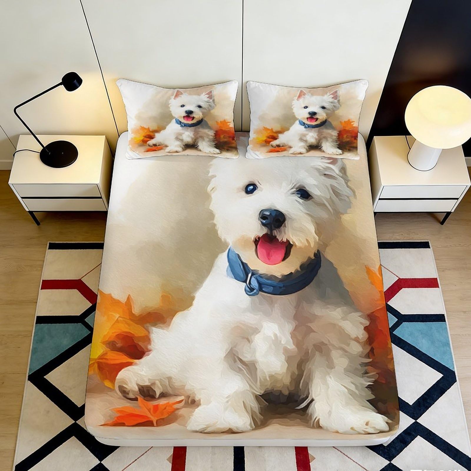 3D Printed White Dog Autumn Leaves Fitted Sheet Microfiber Soft Breathable Puppy Bed Cover for Bedroom Guest Room Decor 140x200x25cm
